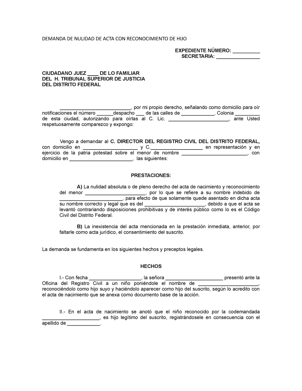 Demanda DE Nulidad DE ACTA CON Reconocimiento DE HIJO - DEMANDA DE NULIDAD  DE ACTA CON - Studocu