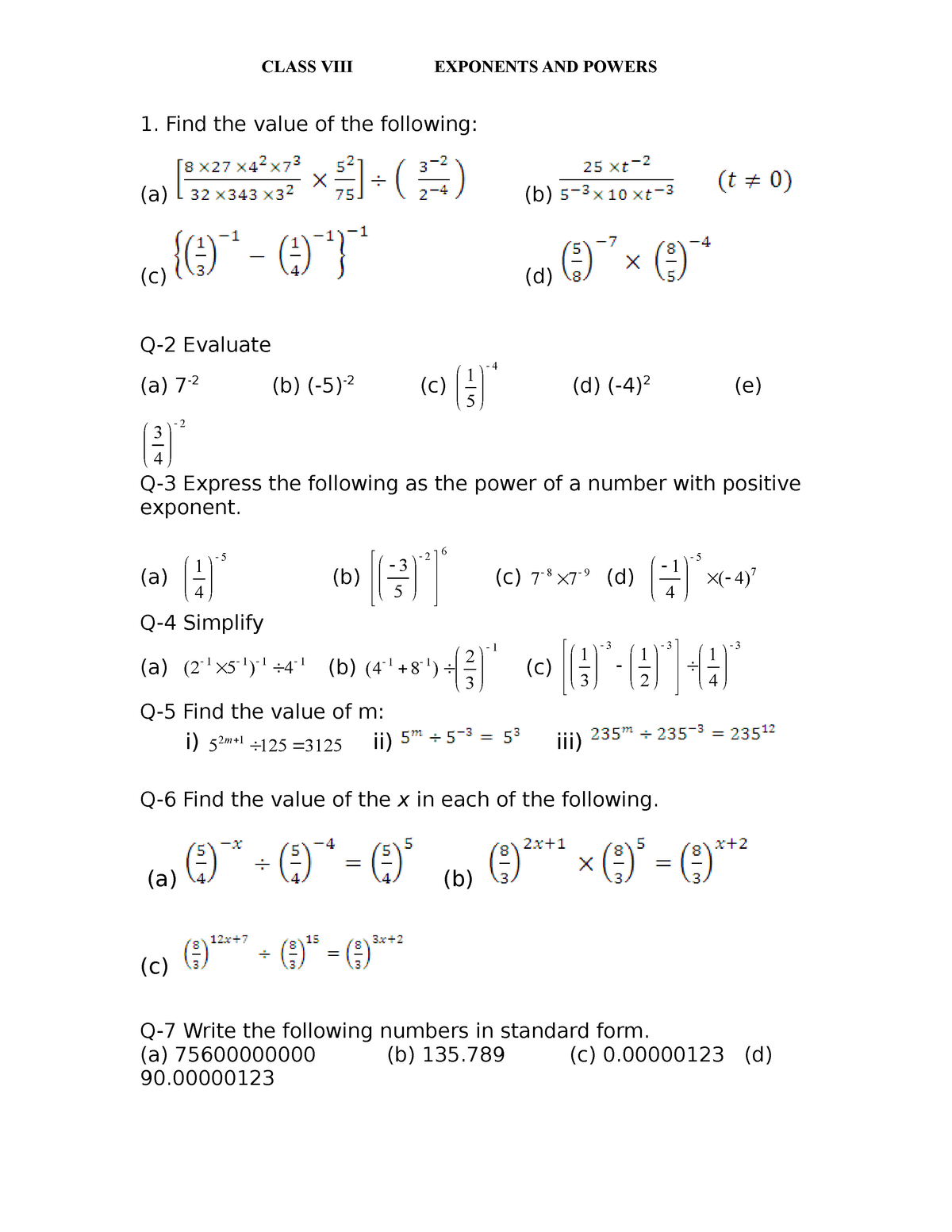 exponents and powers assignment class 8