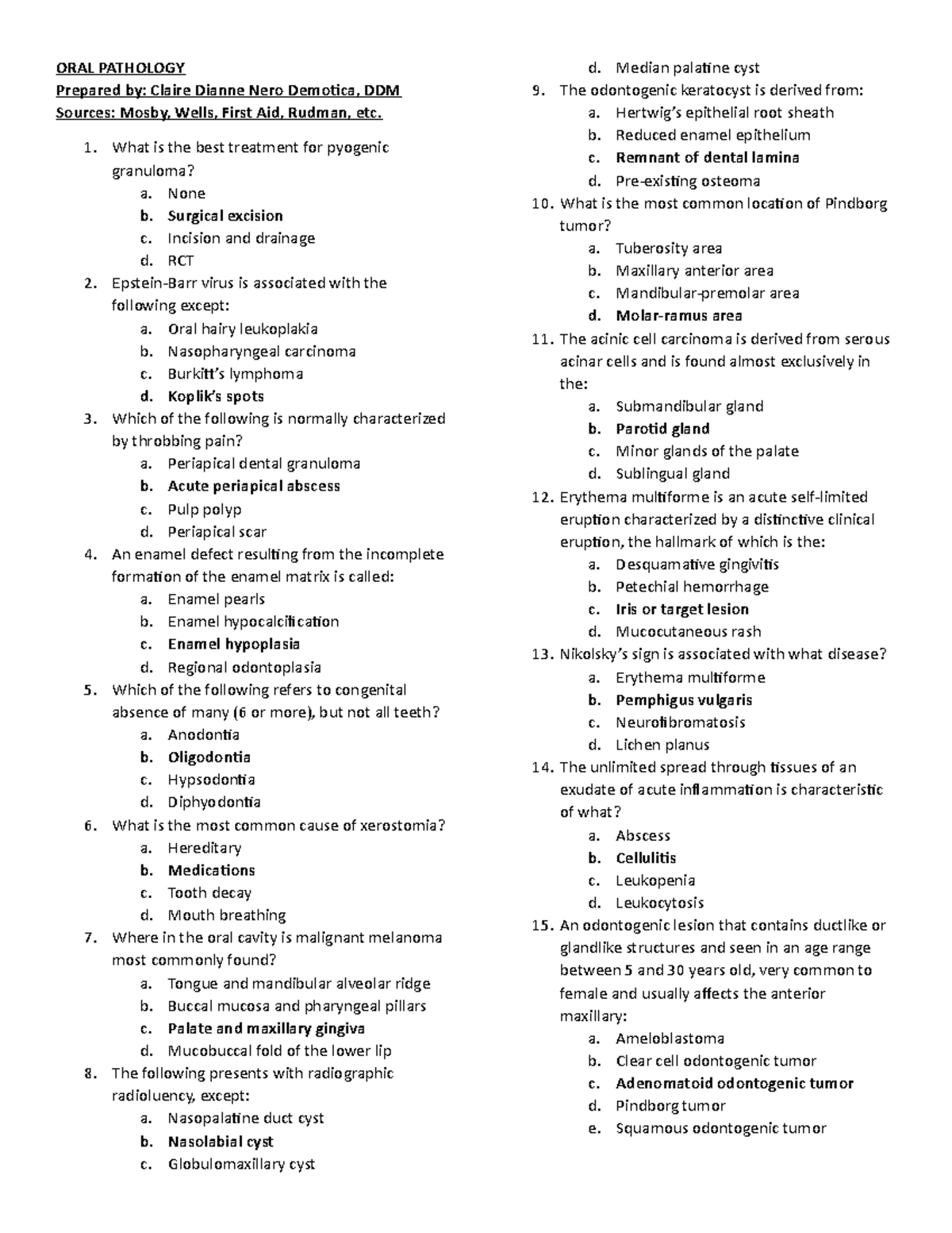 Q & A's compilation in Board Exam - ORAL PATHOLOGY Prepared by: Claire ...