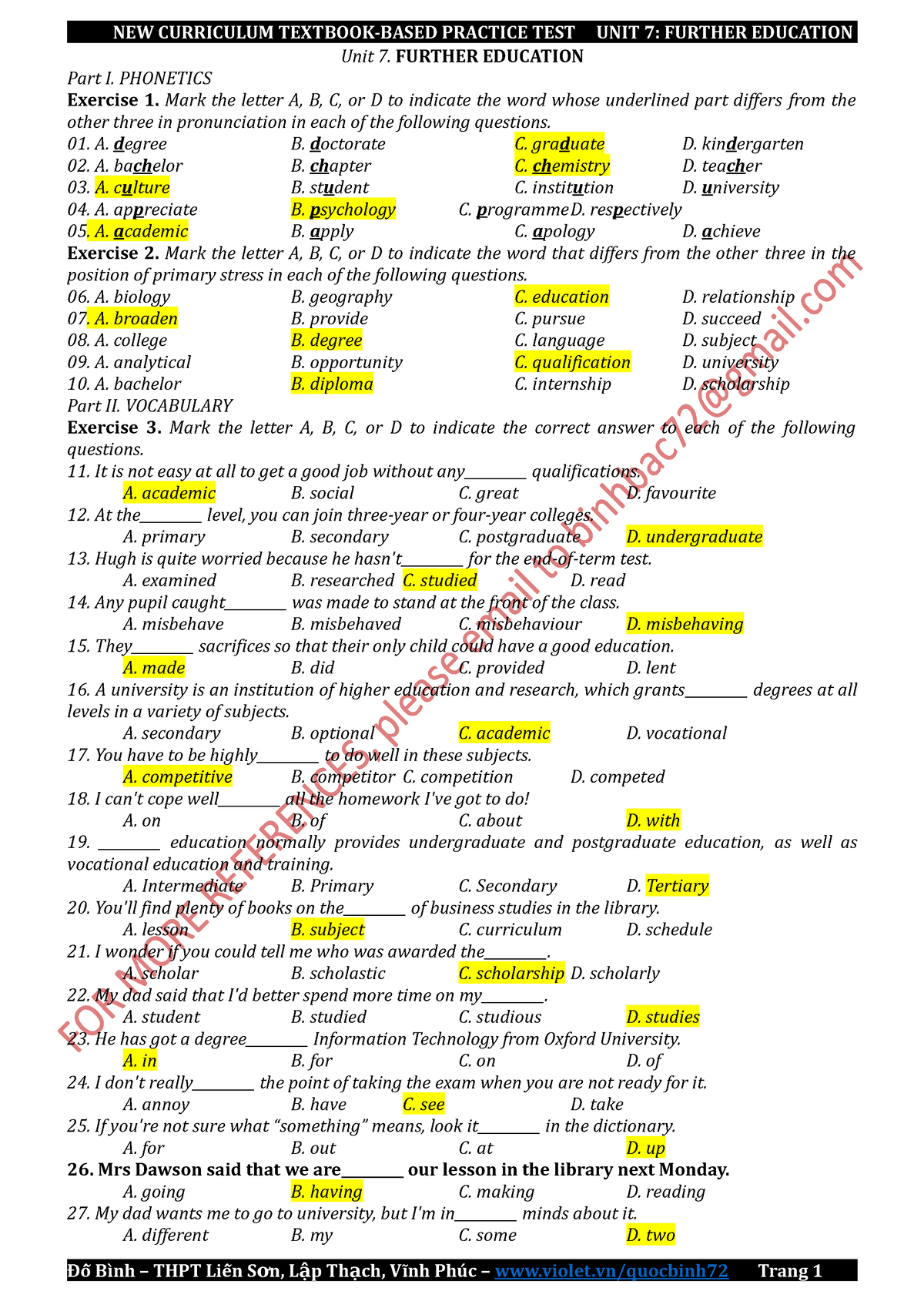 G11-U7- Exercises - ôn Tập - Unit 7. FURTHER EDUCATION Part I ...