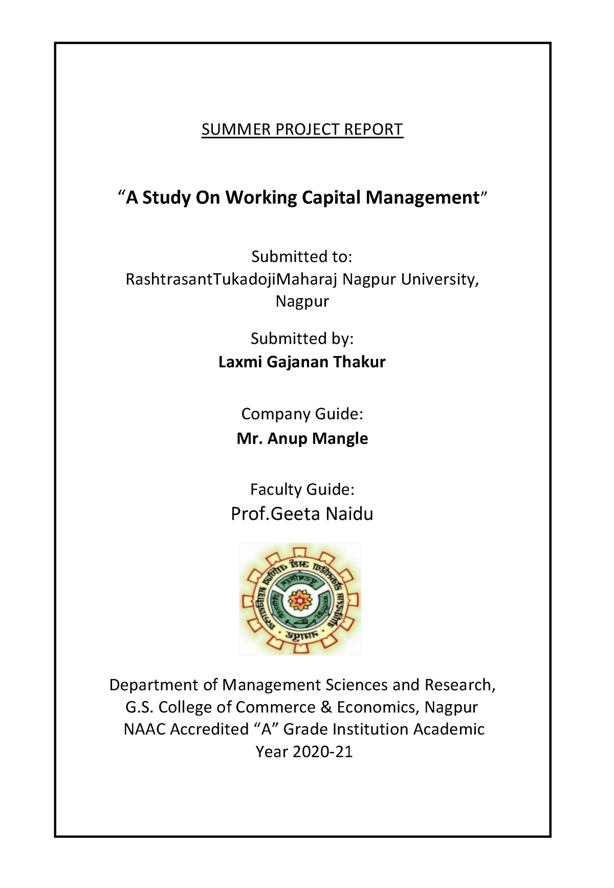 research methodology working capital management project