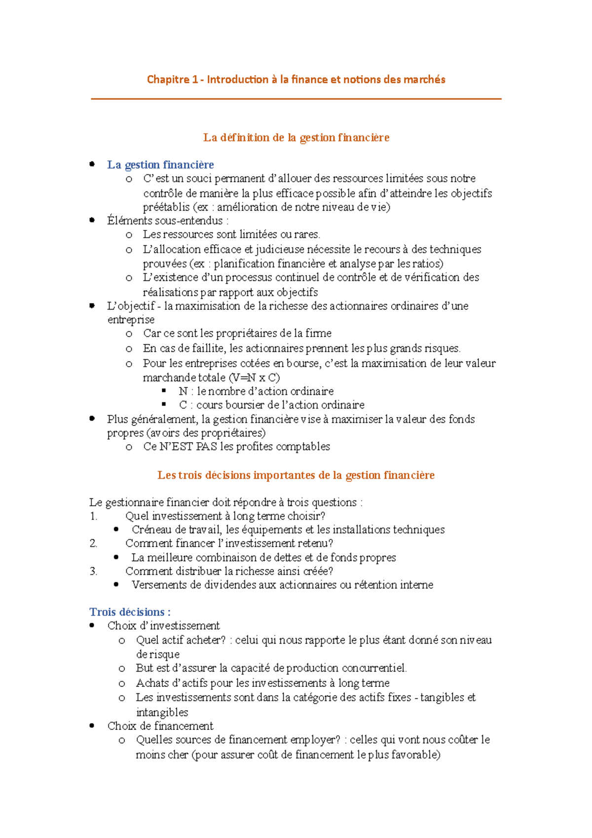 Notes FIN3500 - Chapitre 1 - Introduction à La Finance Et Notions Des ...