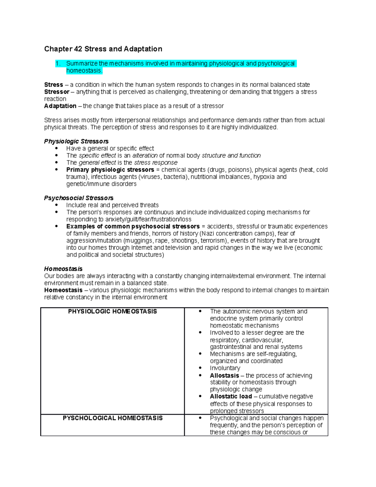 Fundies QUIZ - 2019 year - Chapter 42 Stress and Adaptation Summarize ...