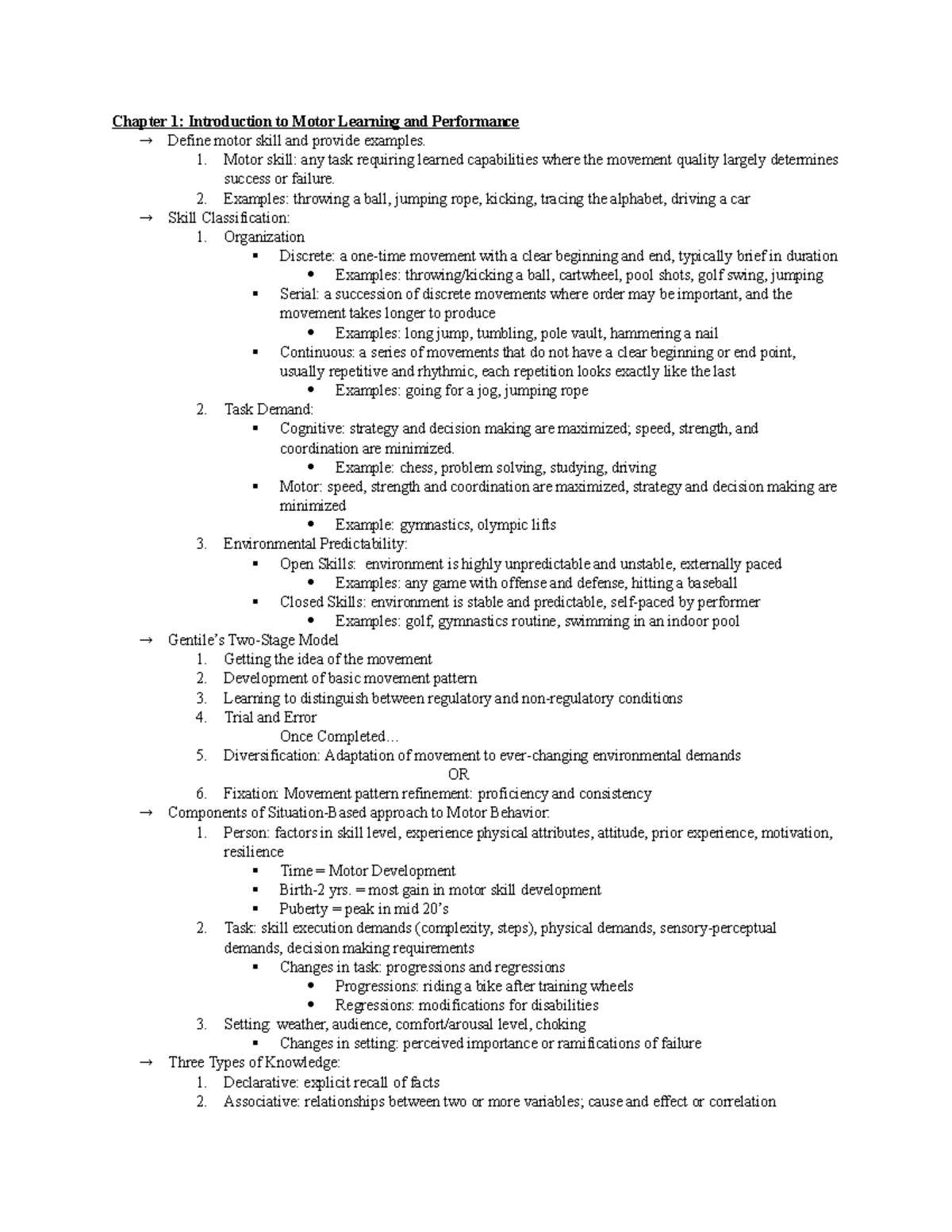 Exam 1 Review Chapter 1 Introduction to Motor Learning and