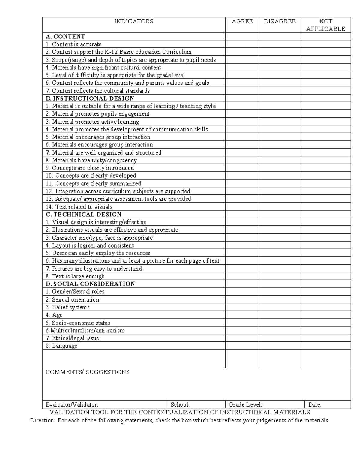 Validation-TOOL - INDICATORS AGREE DISAGREE NOT APPLICABLE A. CONTENT ...