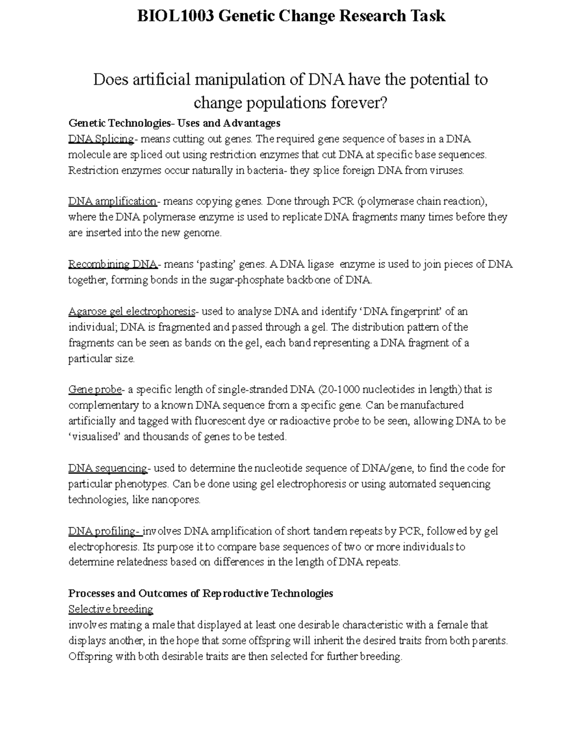 BIOL1003 - Genetic Change Research Task - BIOL1003 Genetic Change ...