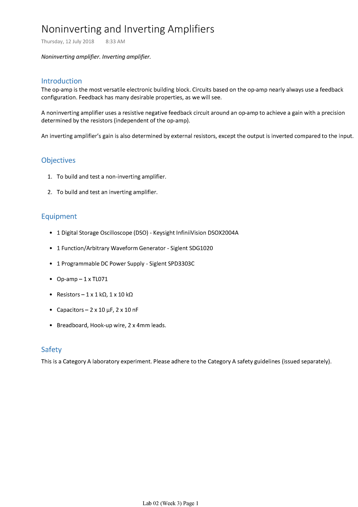 Lab 02 - Noninverting and Inverting amplifiers (Week 3) - Noninverting ...
