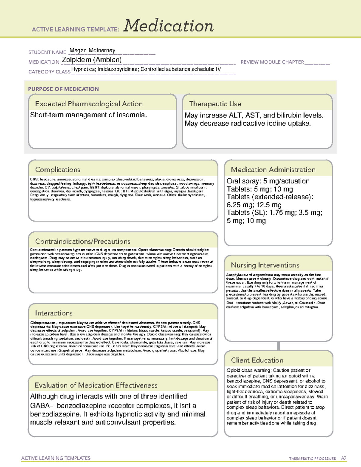 Zolpidem Medication ACTIVE LEARNING TEMPLATES THERAPEUTIC PROCEDURE