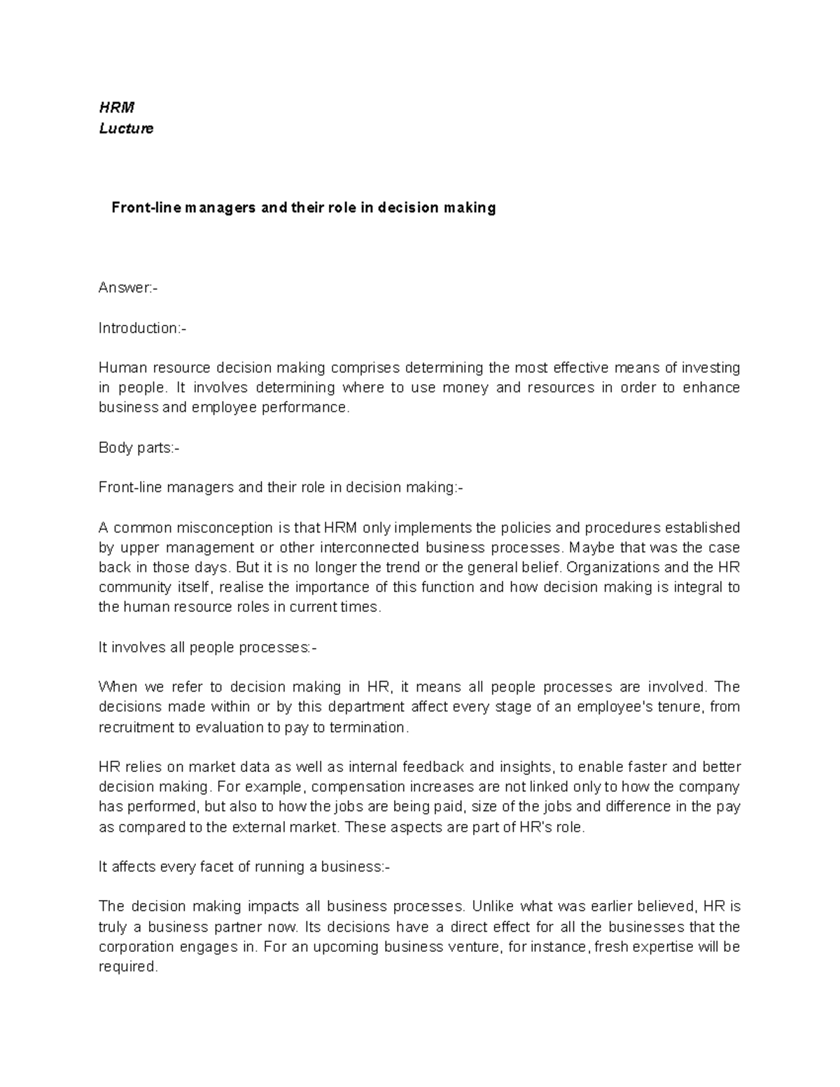 Front-line managers and their role in decision making - HRM Lucture ...