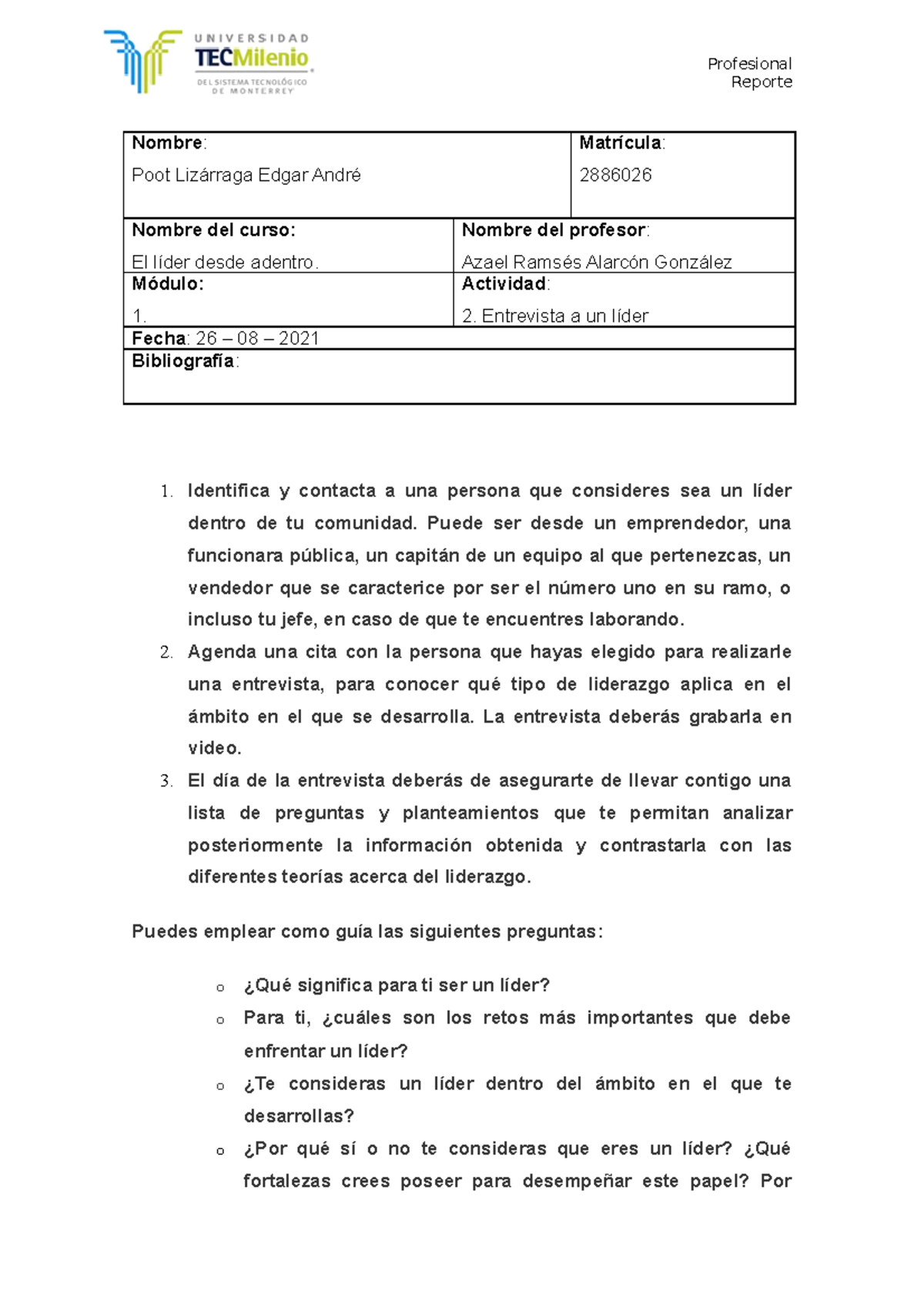 Act 2. El lider desde adentro - Profesional Reporte Nombre: Poot ...