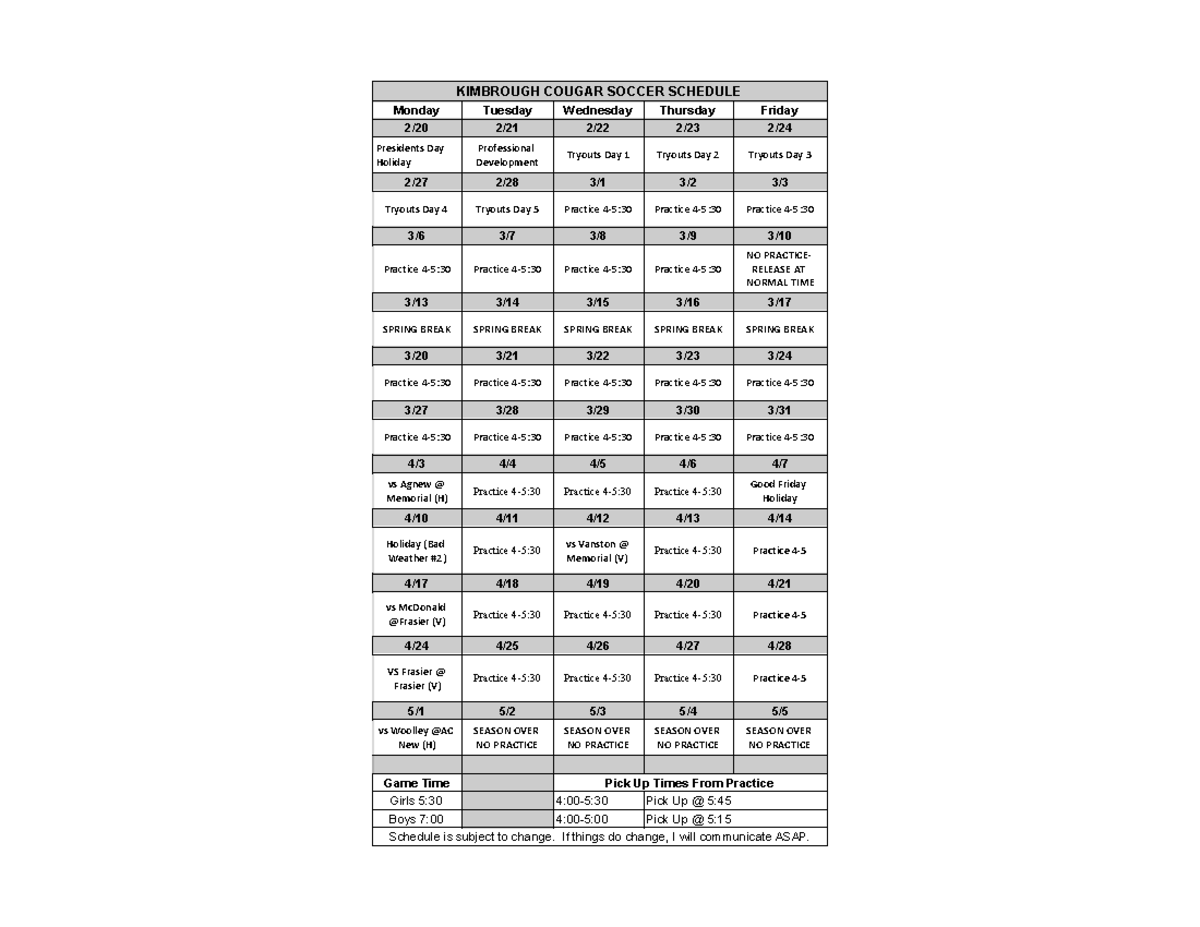 Soccer schedule - Grf - KIMBROUGH COUGAR SOCCER SCHEDULE Monday Tuesday ...