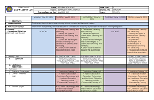 Cookery 7-WEEK 5 - DLL - GRADE 1 to 12 DAILY LESSON LOG School BECURAN ...