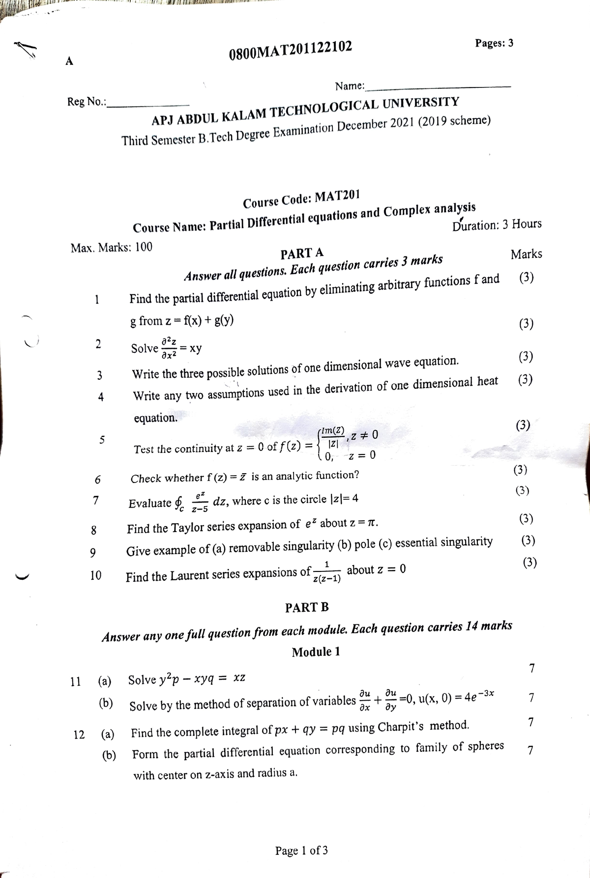 Previous Year Question Paper 2021 MAT201 - 0800MAT201122102 Pages: 3 A ...