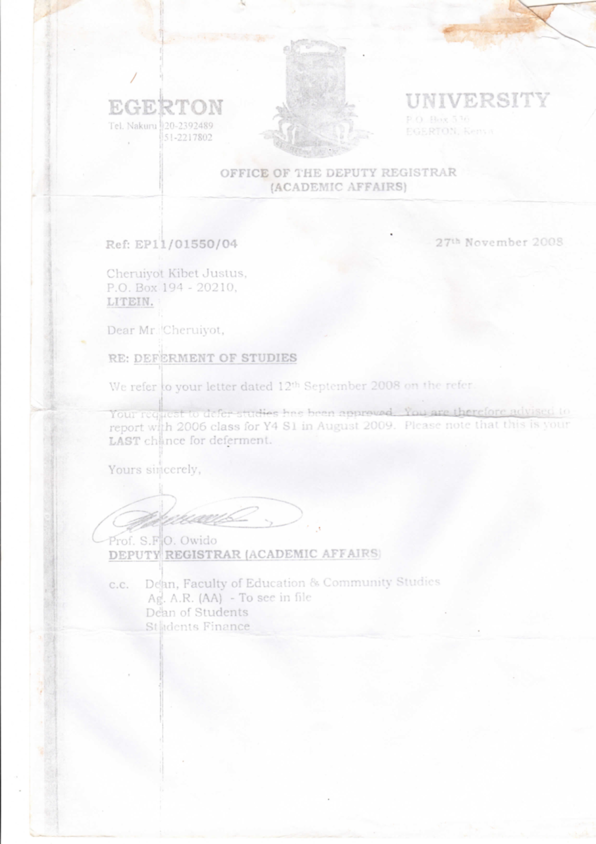 Deferment OF Studies 2008 Agricultural Education And Extension StuDocu
