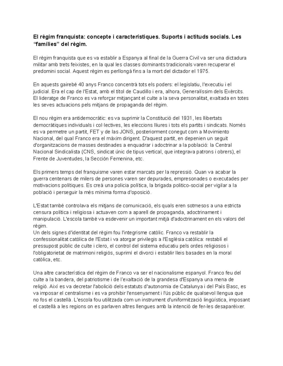 El règim franquista concepte i característiques - Suports i actituds ...