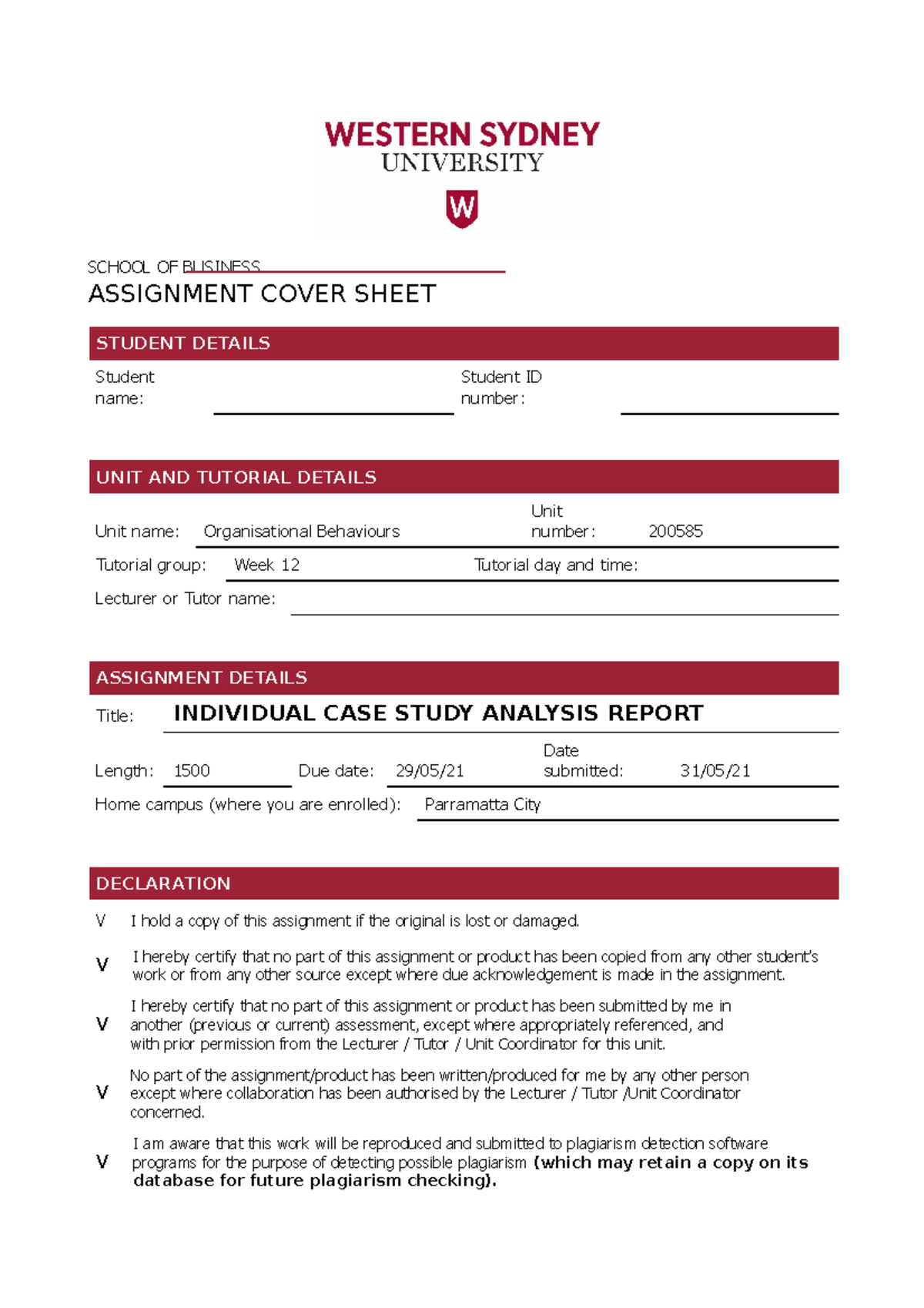 Organisational Behaviour - SCHOOL OF BUSINESS ASSIGNMENT COVER SHEET ...