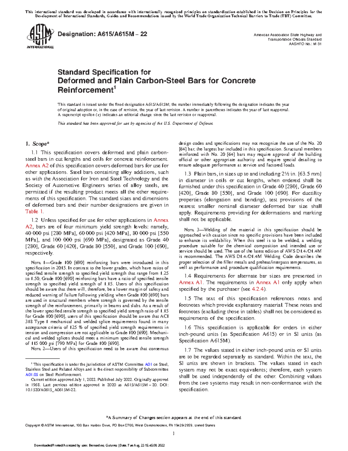 ASTM A615 A615M2022 Standard Specification for Deformed and Plain