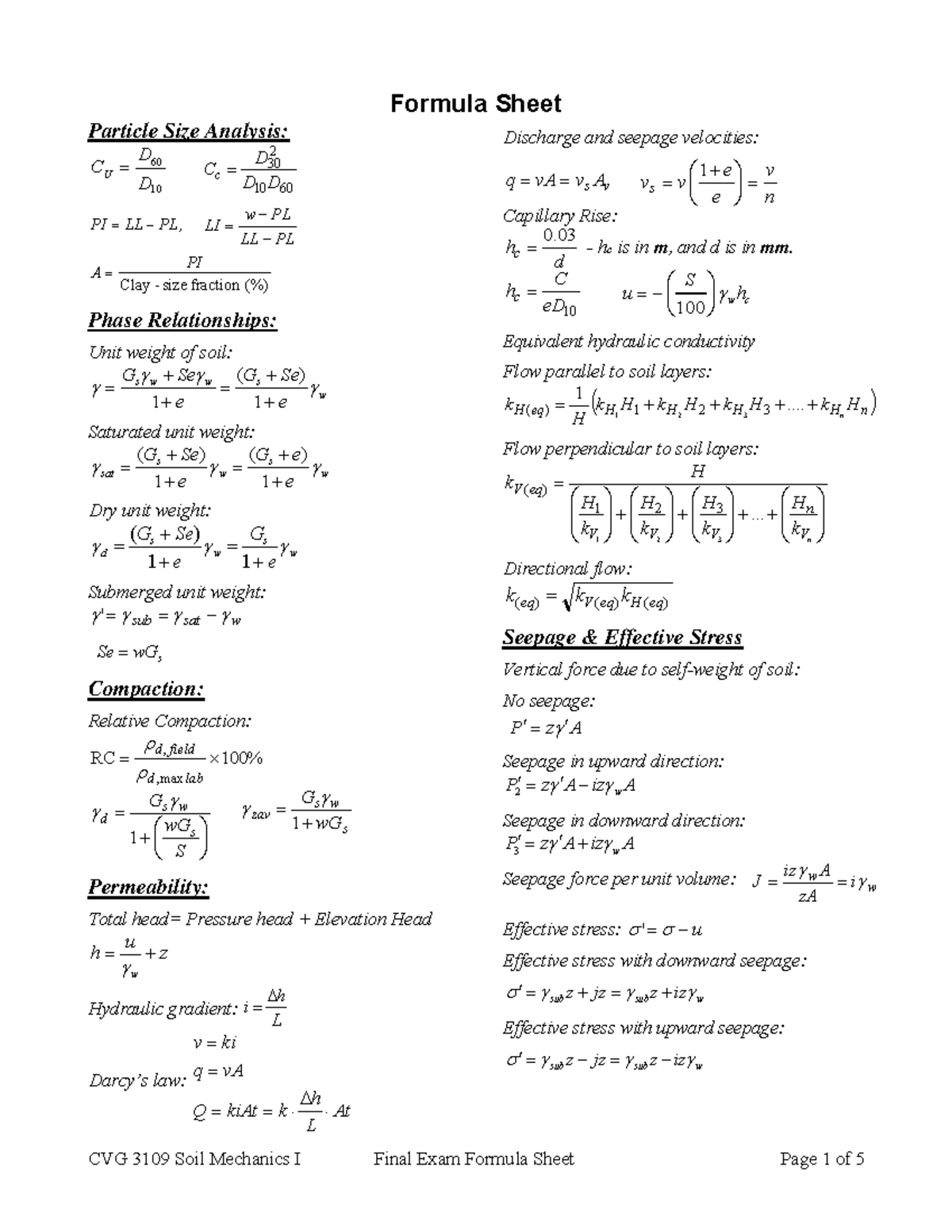 CVG 3109 Final Exam Formula Sheet - CVG 3109 Soil Mechanics I Final ...