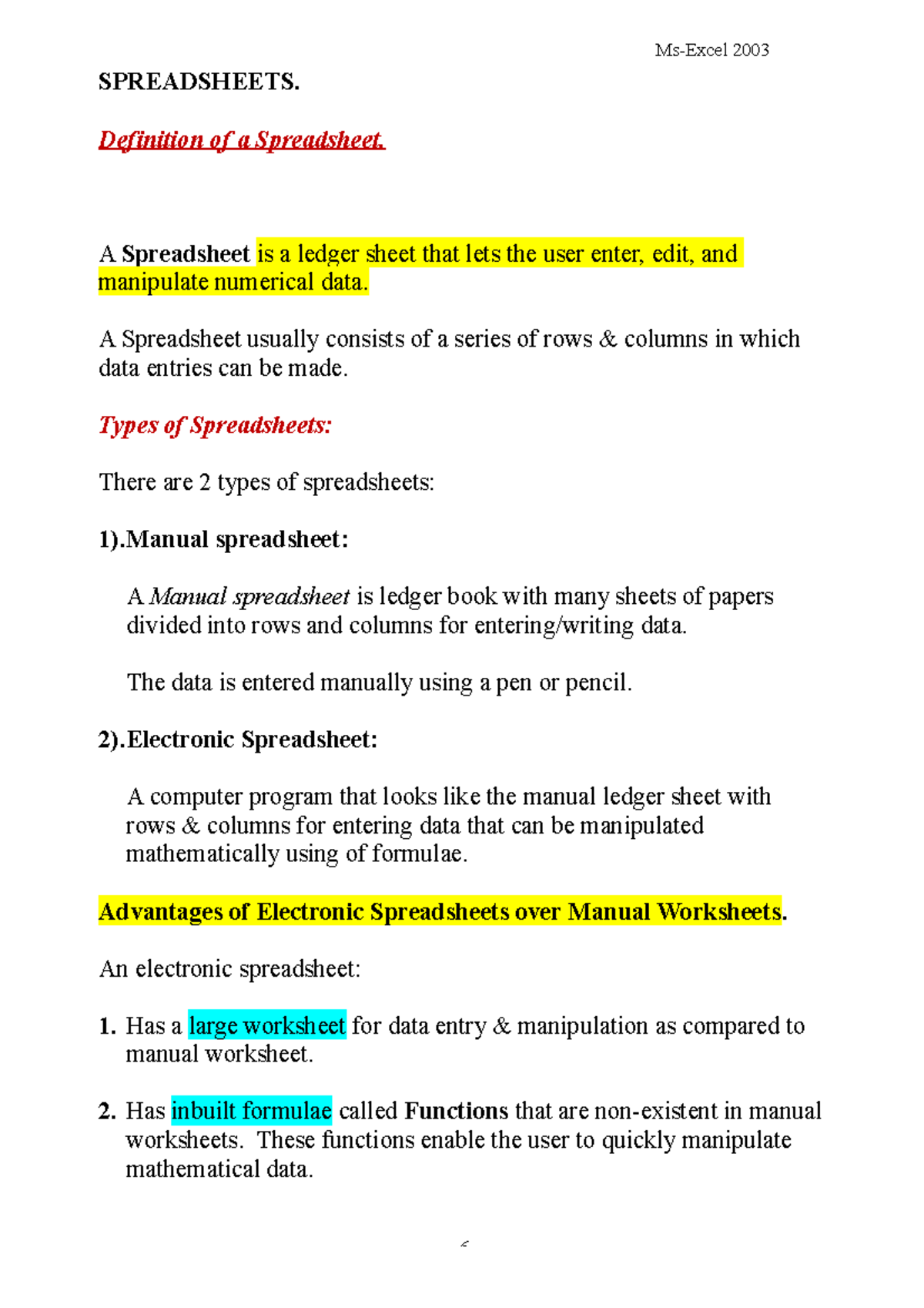 Ms-Excel notes - tutorial - SPREADSHEETS. Definition of a Spreadsheet ...