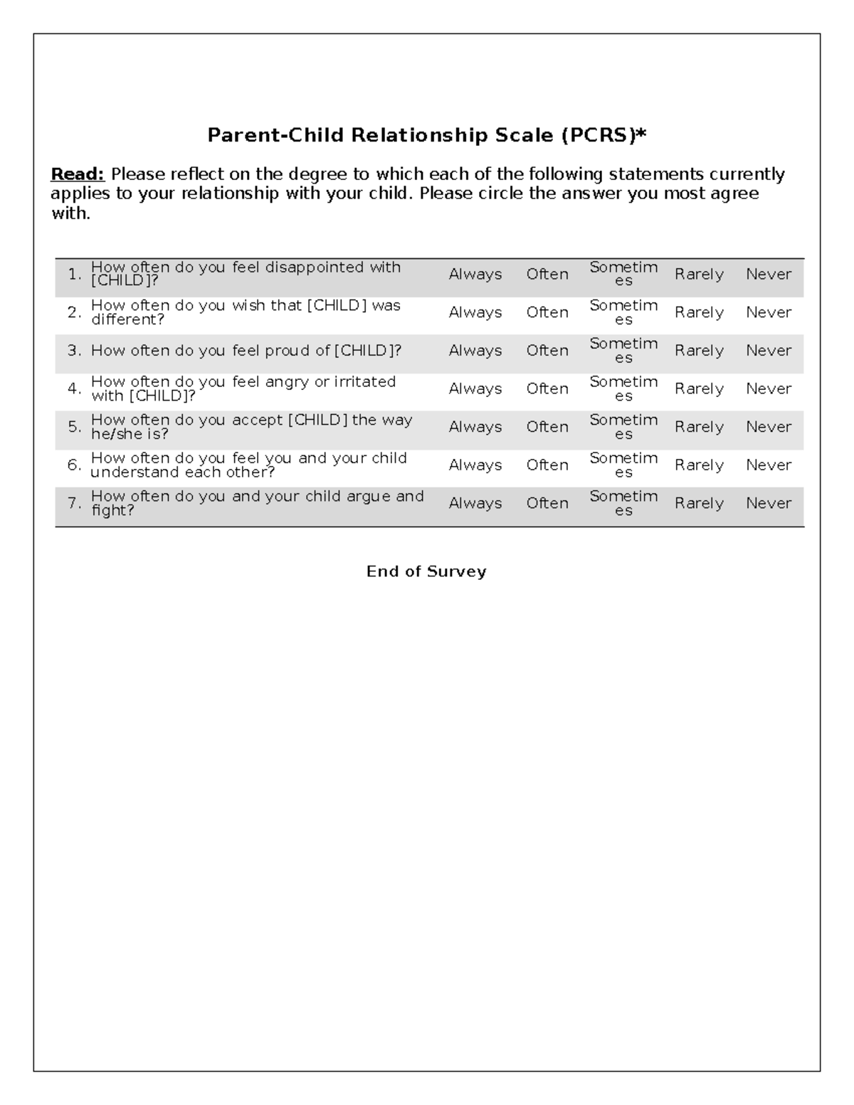 Pcrs (1) Parent Child Relationship Scale - Parent-child Relationship 