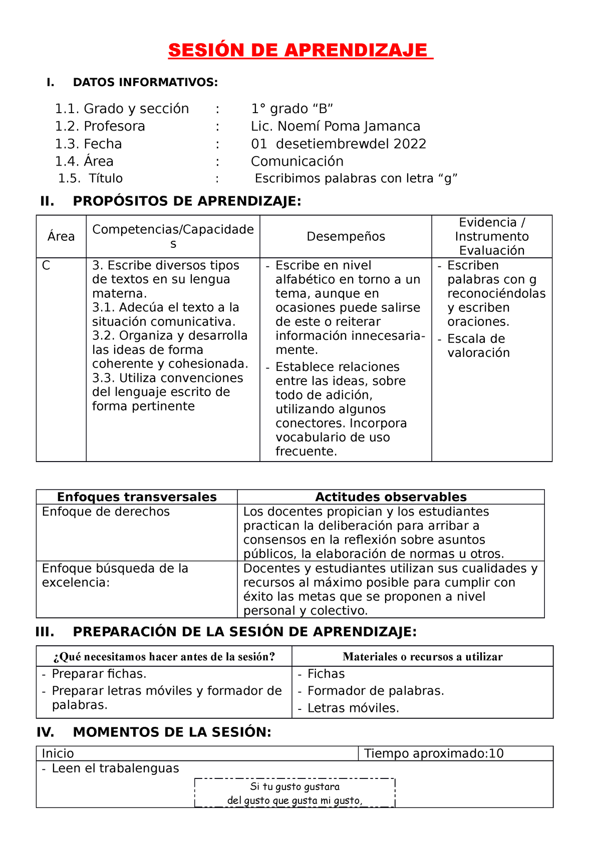 Letra G 31 08 - SESIÓN DE APRENDIZAJE I. DATOS INFORMATIVOS: 1. Grado Y ...