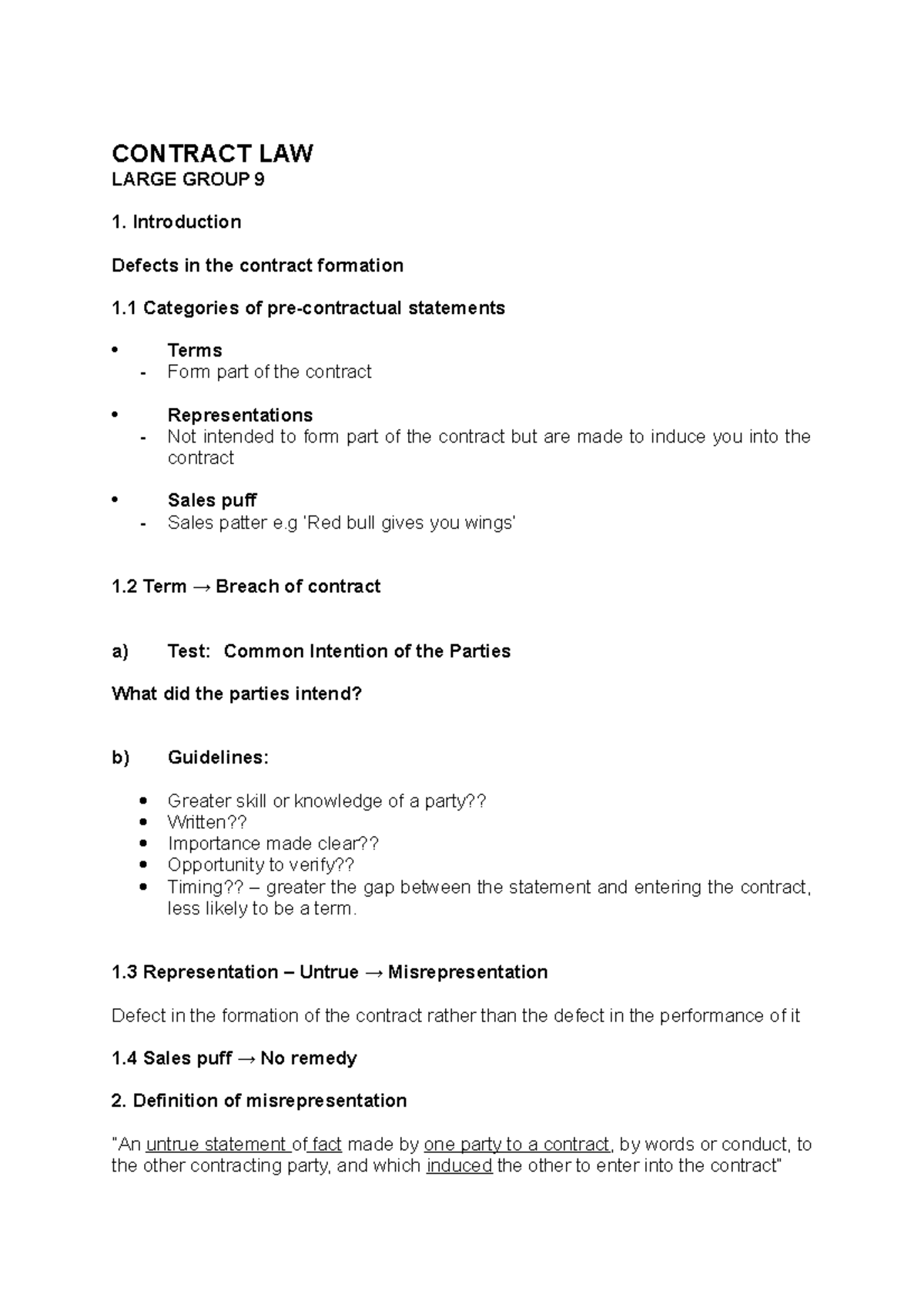 Contract LAW defects - CONTRACT LAW LARGE GROUP 9 Introduction Defects ...