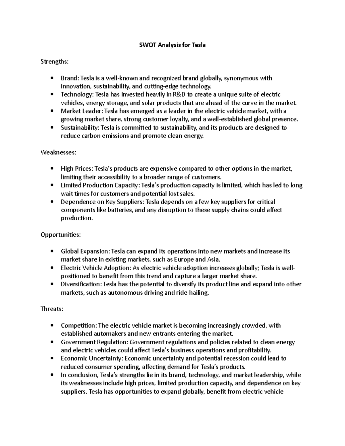 SWOT Analysis for Tesla - SWOT Analysis for Tesla Strengths: Brand ...