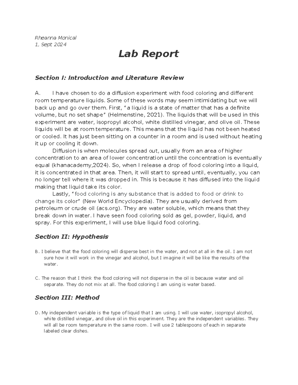 Lab Report - Rheanna Monical 1, Sept 2024 Lab Report Section I ...