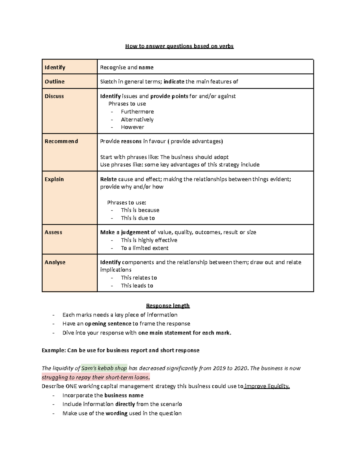 Business studies tips hsc How to answer questions based on verbs