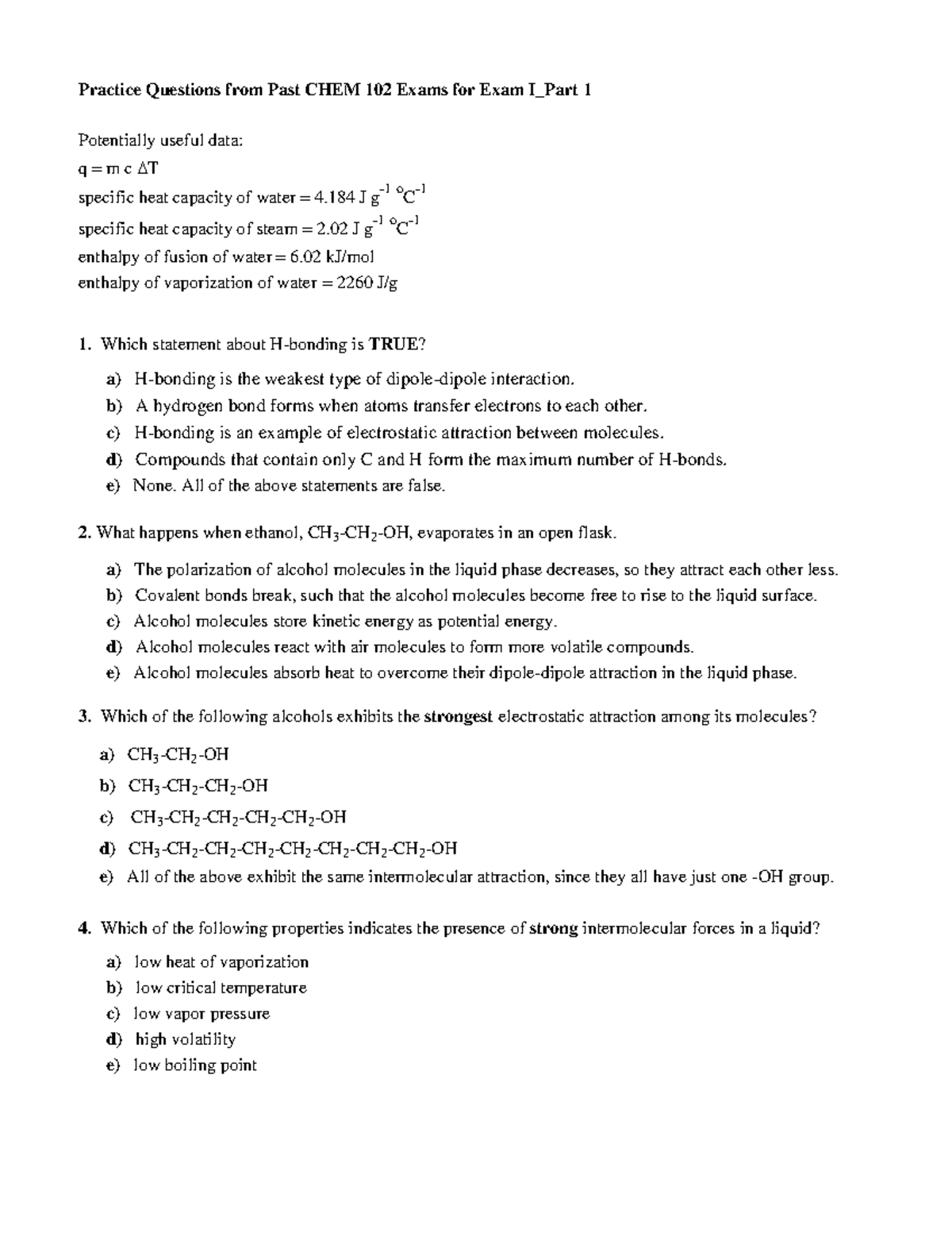 Practice Questions Exam I Chem 102 Part 1 Winter 2022 - CHEM 102 - Studocu