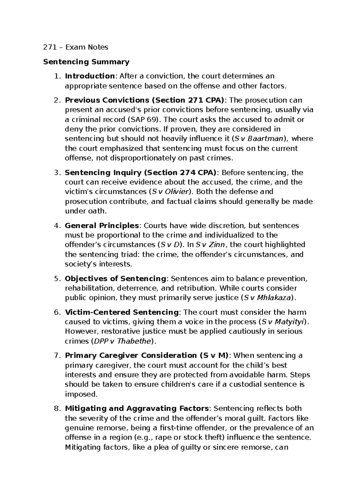 271 - Exam - lecture notes 271 . - 271 – Exam Notes Sentencing Summary ...