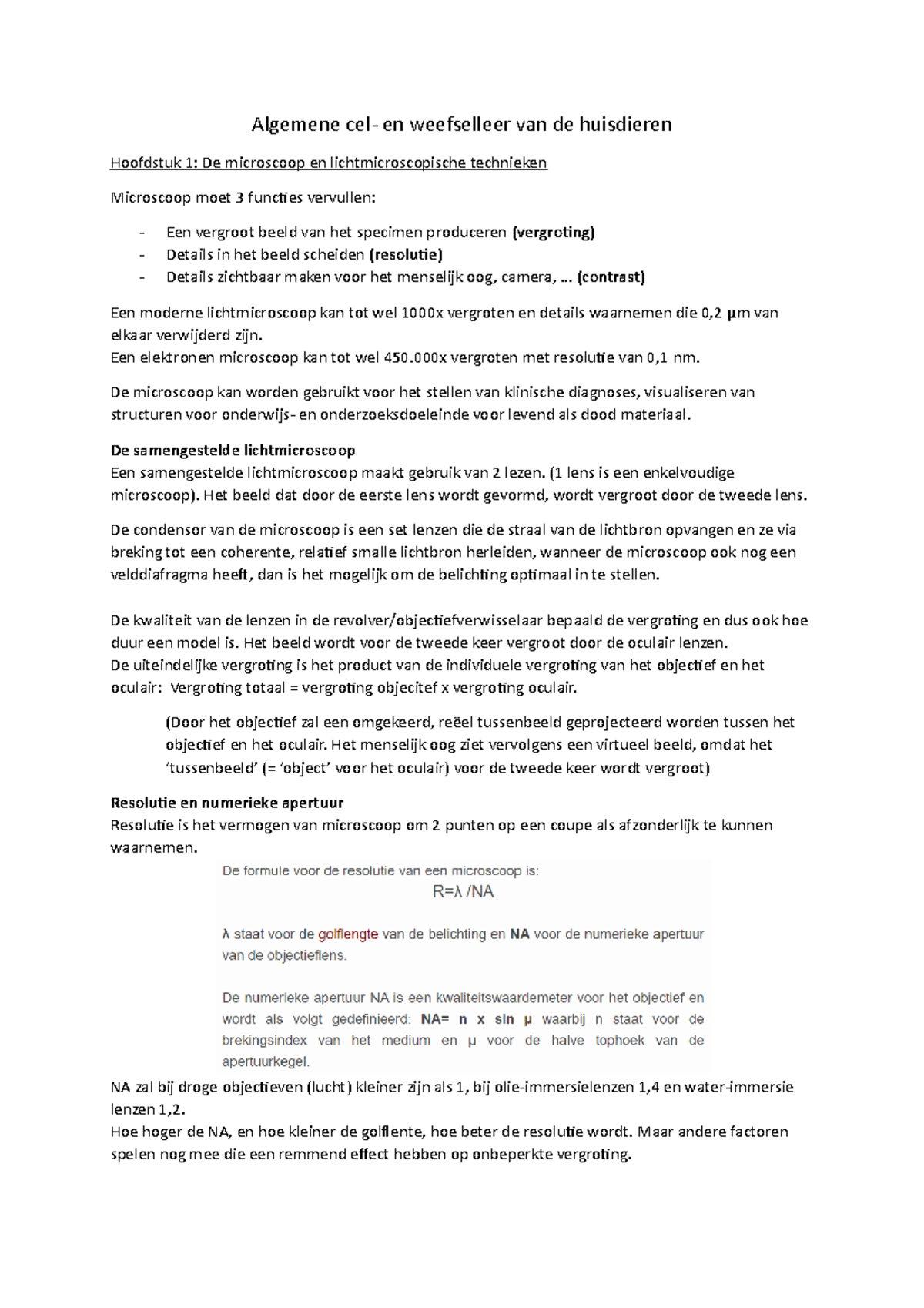 Deel 1 De Microscoop - Samenvatting - Algemene Cel- En Weefselleer Van ...