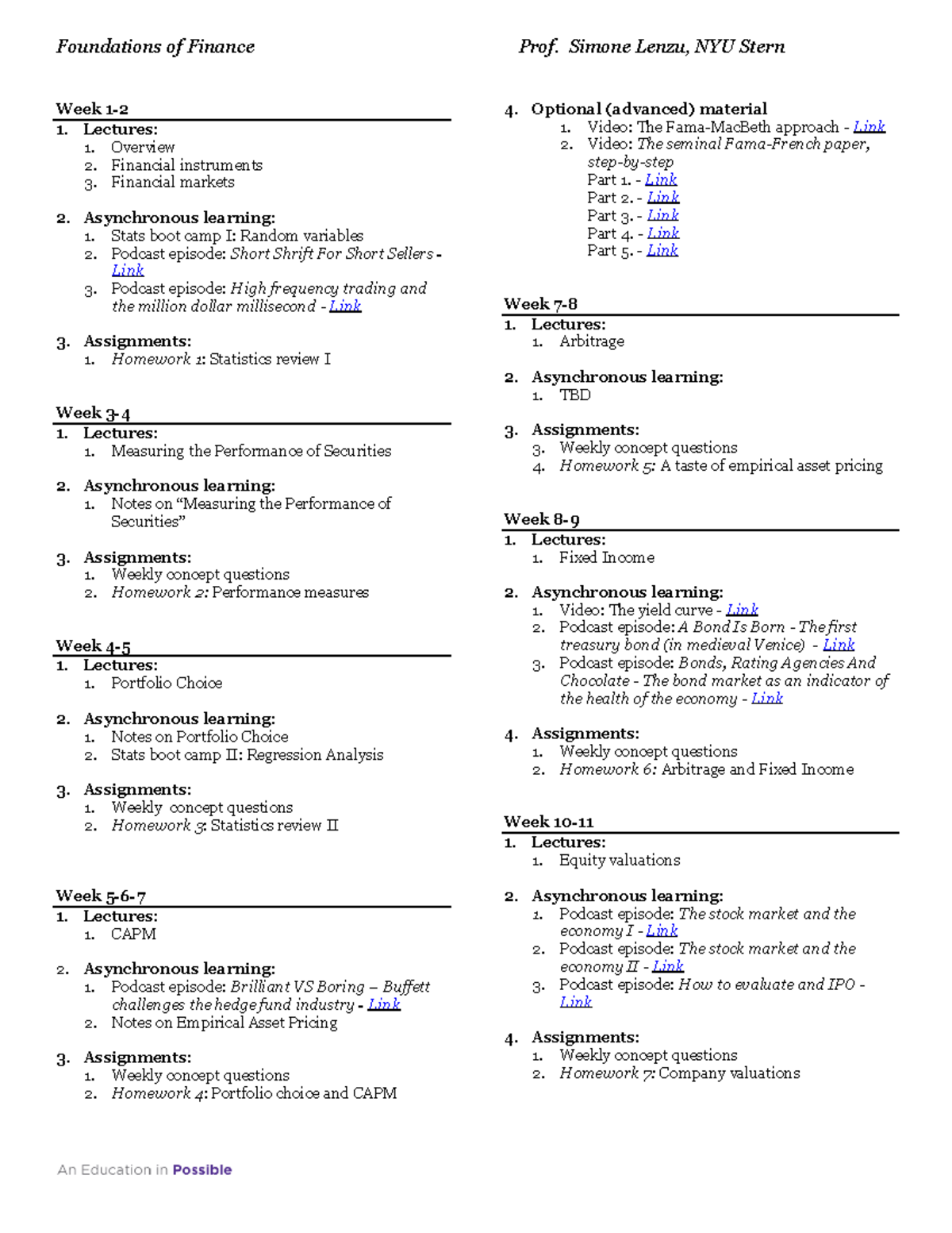 Syllabus short Foundations of Finance Prof. Simone Lenzu, NYU Stern