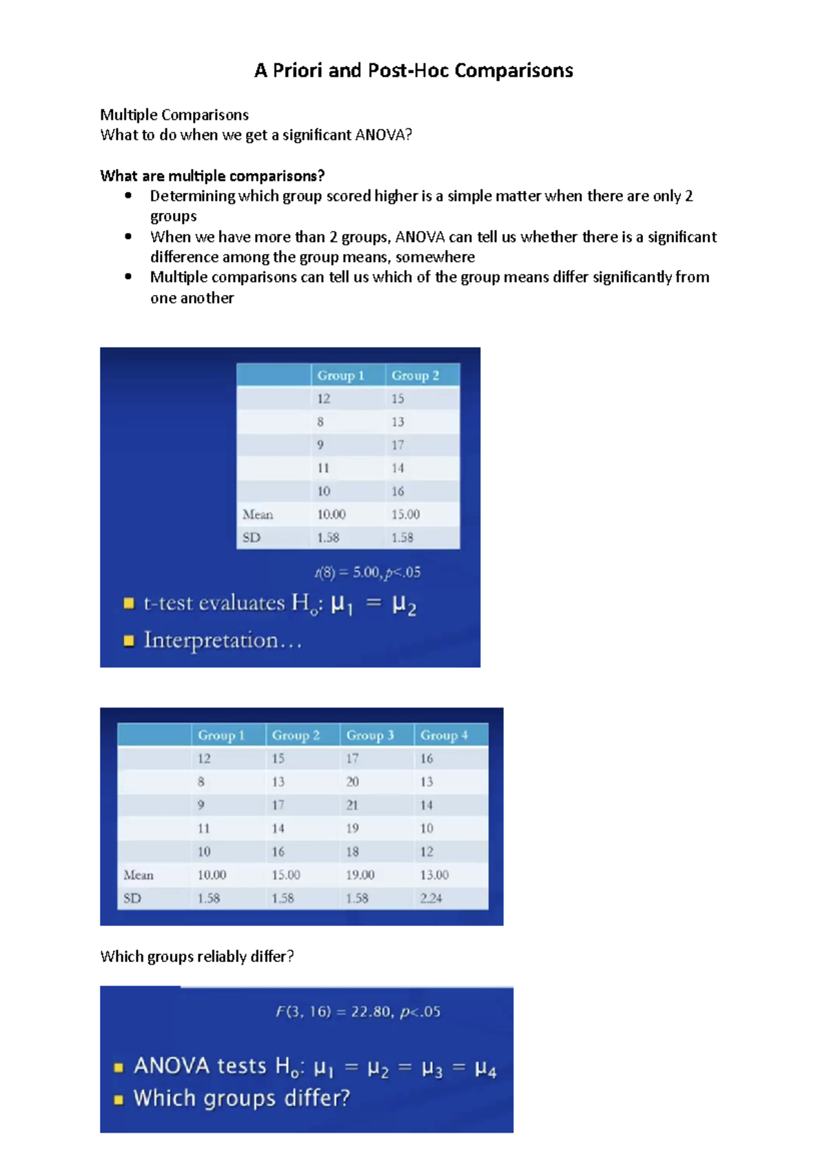 Week 5 - A Priori and Post-Hoc Comparisons - A Priori and Post-Hoc ...