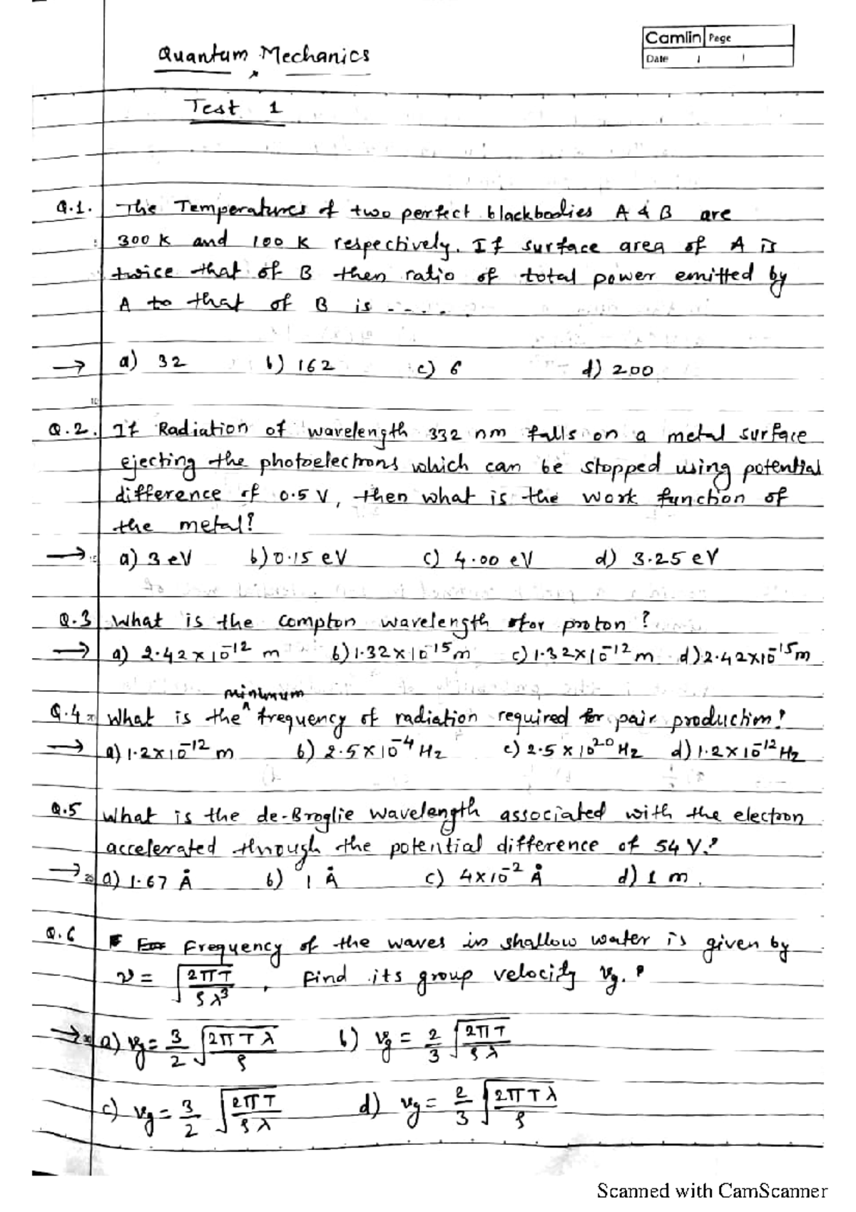Quantum mechanics test 1 - Camlin Page Quantum Mechanics Date 1 Test 1 ...