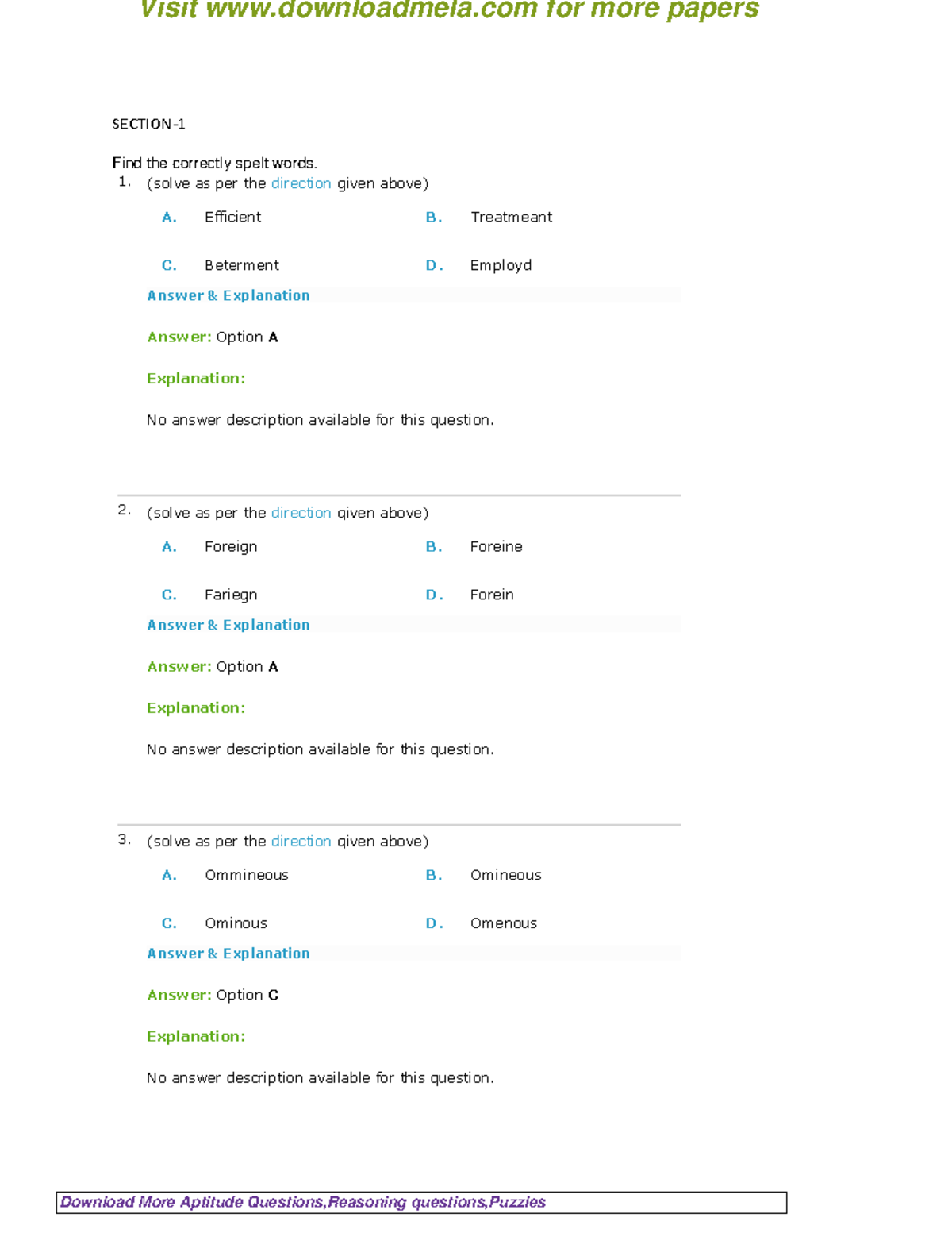 Spellings Verbal Ability Questions and Answers SECTION Find the