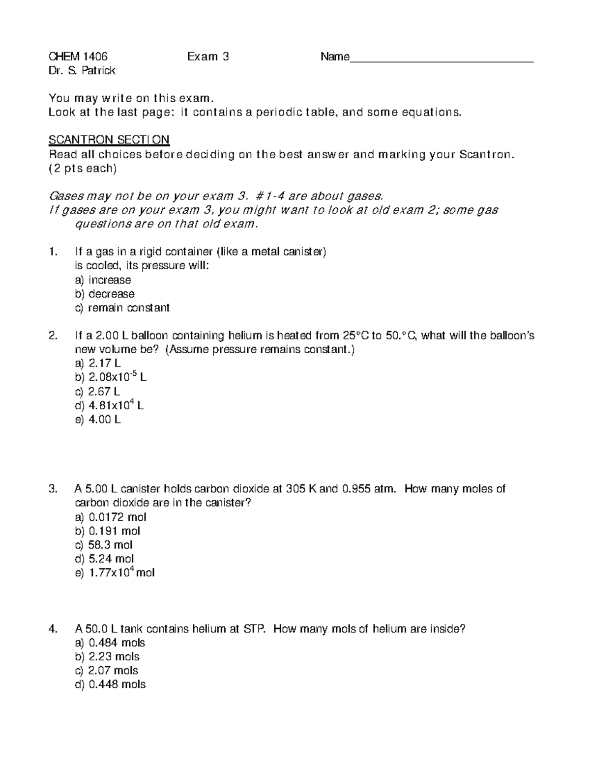 CHEM 1406 Practice Exam III (Patrick) - CHEM 1406 Exam 3 Name