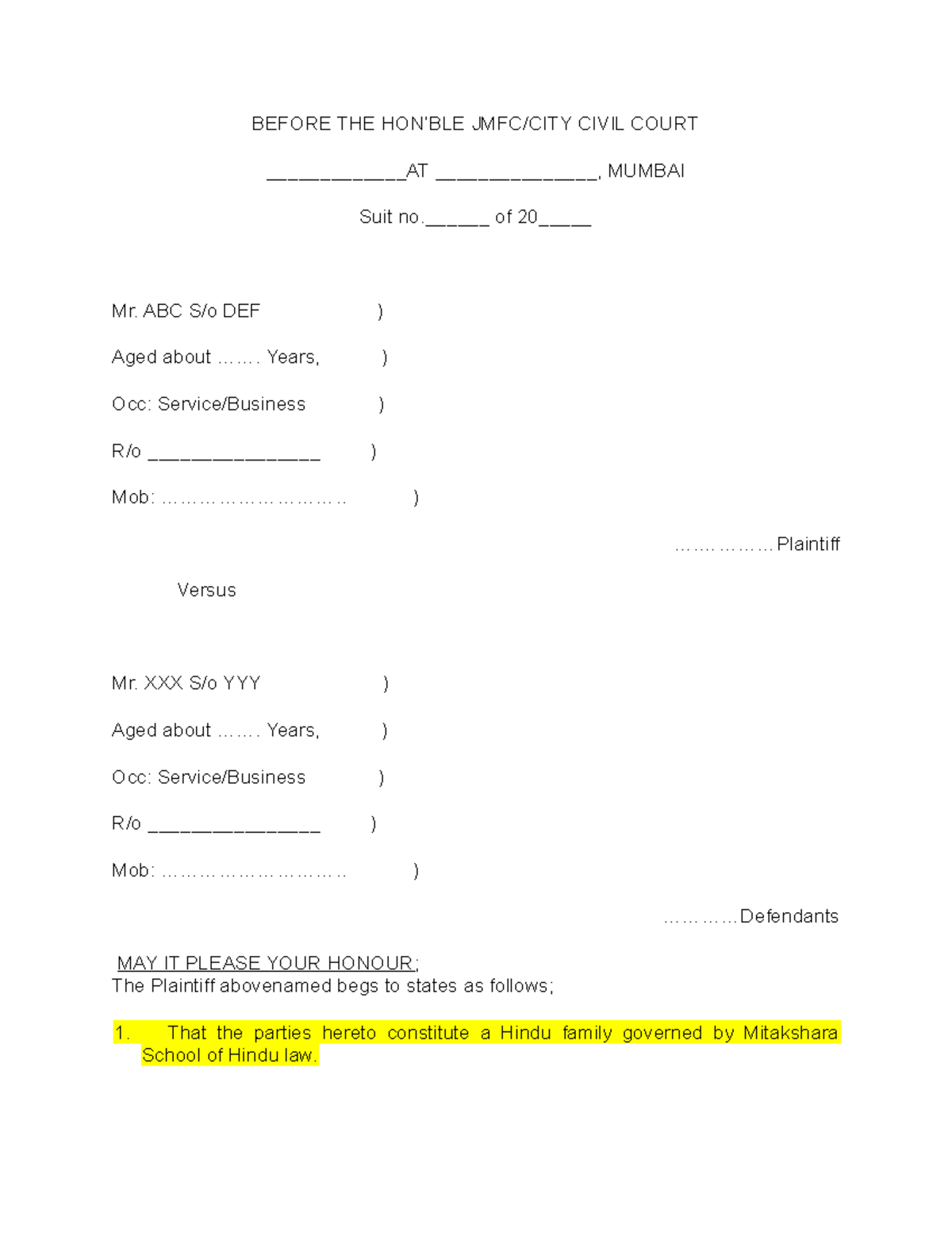 Suit For Partition In Hindu Family BEFORE THE HON’BLE JMFC/CITY CIVIL