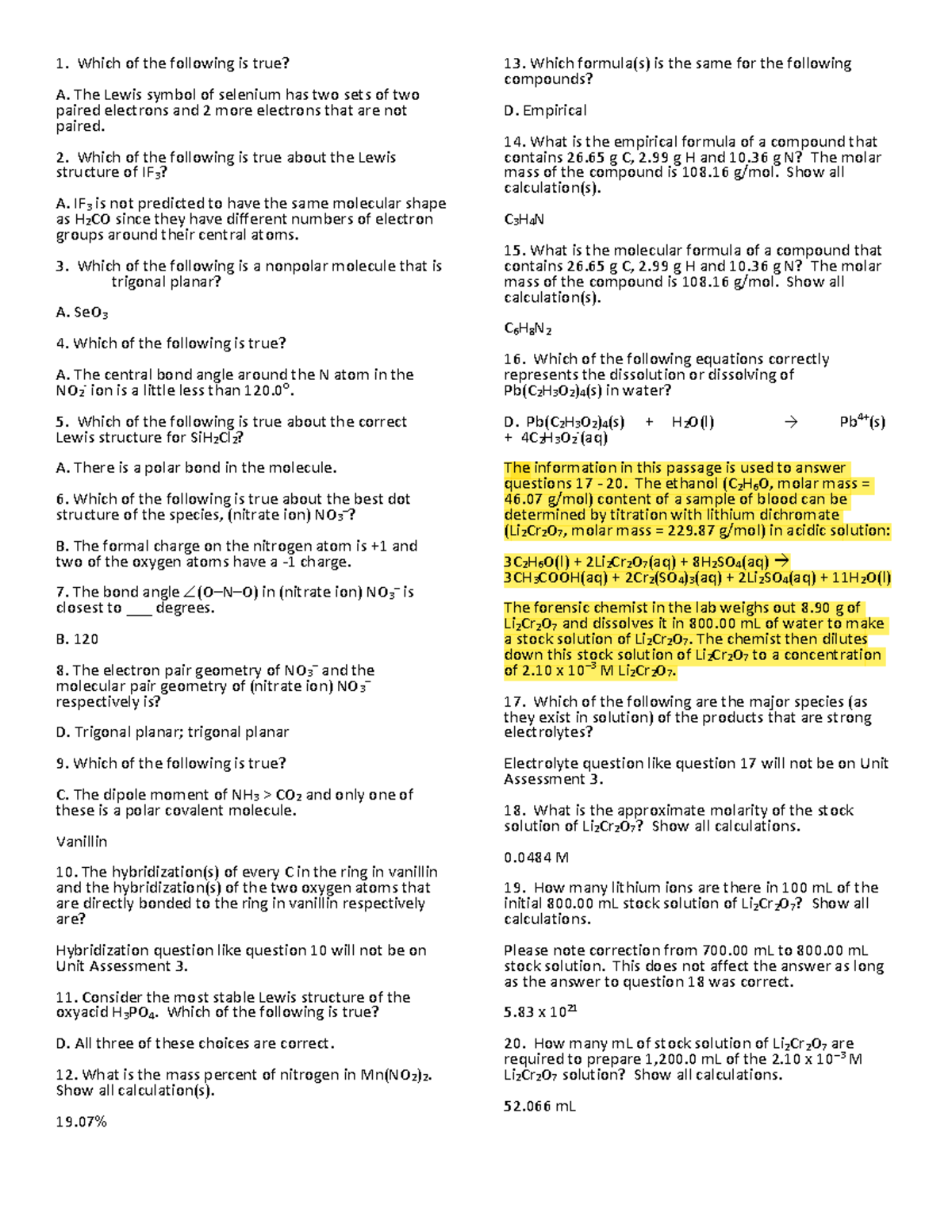 Gen Chem 1 Practice Unit Assessment 3 (Spring 2023) - Answer Key ...