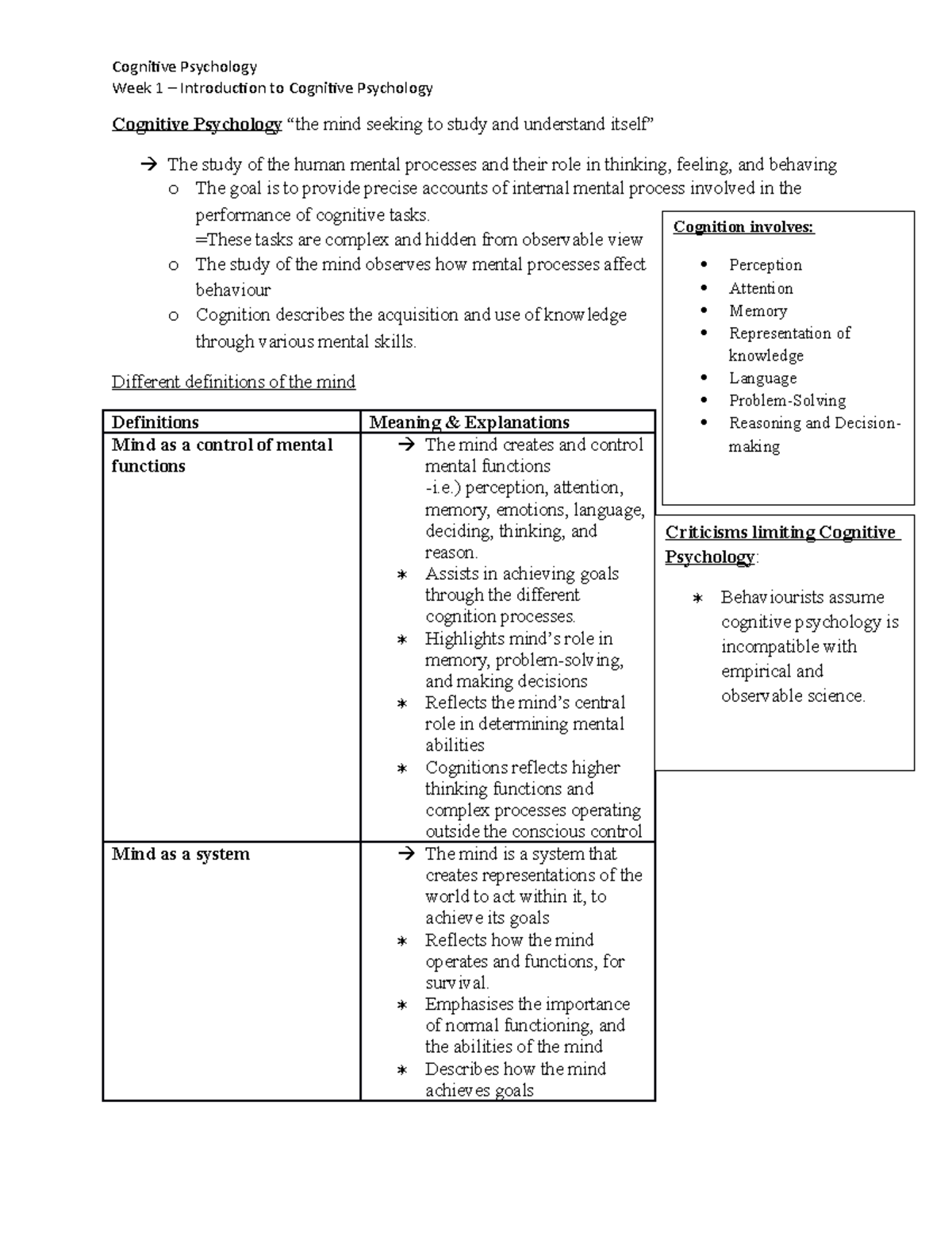 Cognitive Psychology Week 1 Notes - Week 1 – Introduction To Cognitive ...