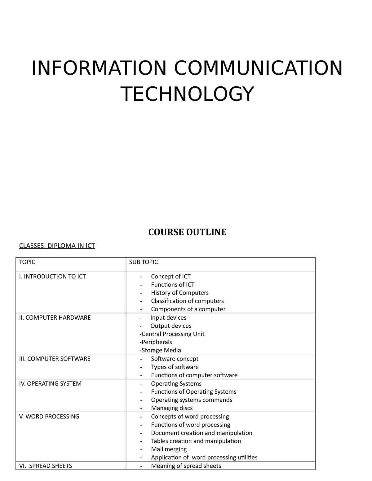 course outline ict in education