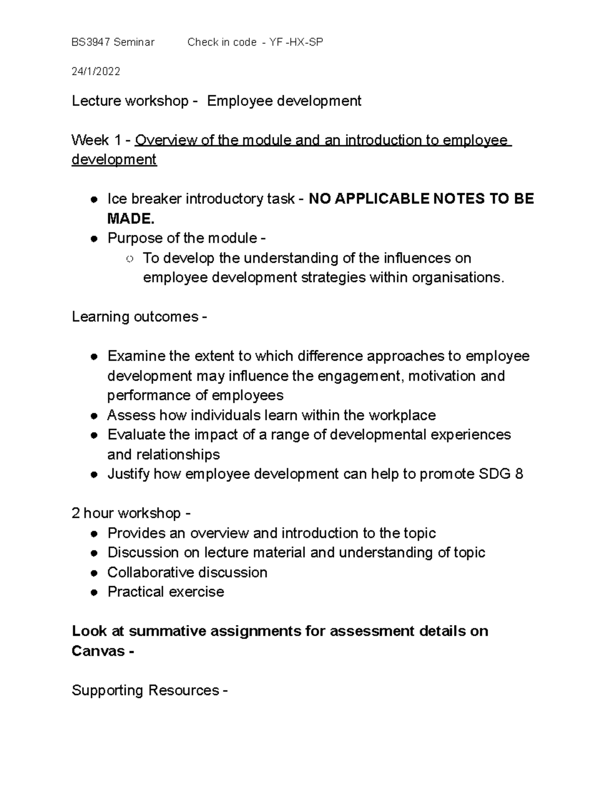 BS3947 Seminar - Business school notes on Employee development - 24/1 ...