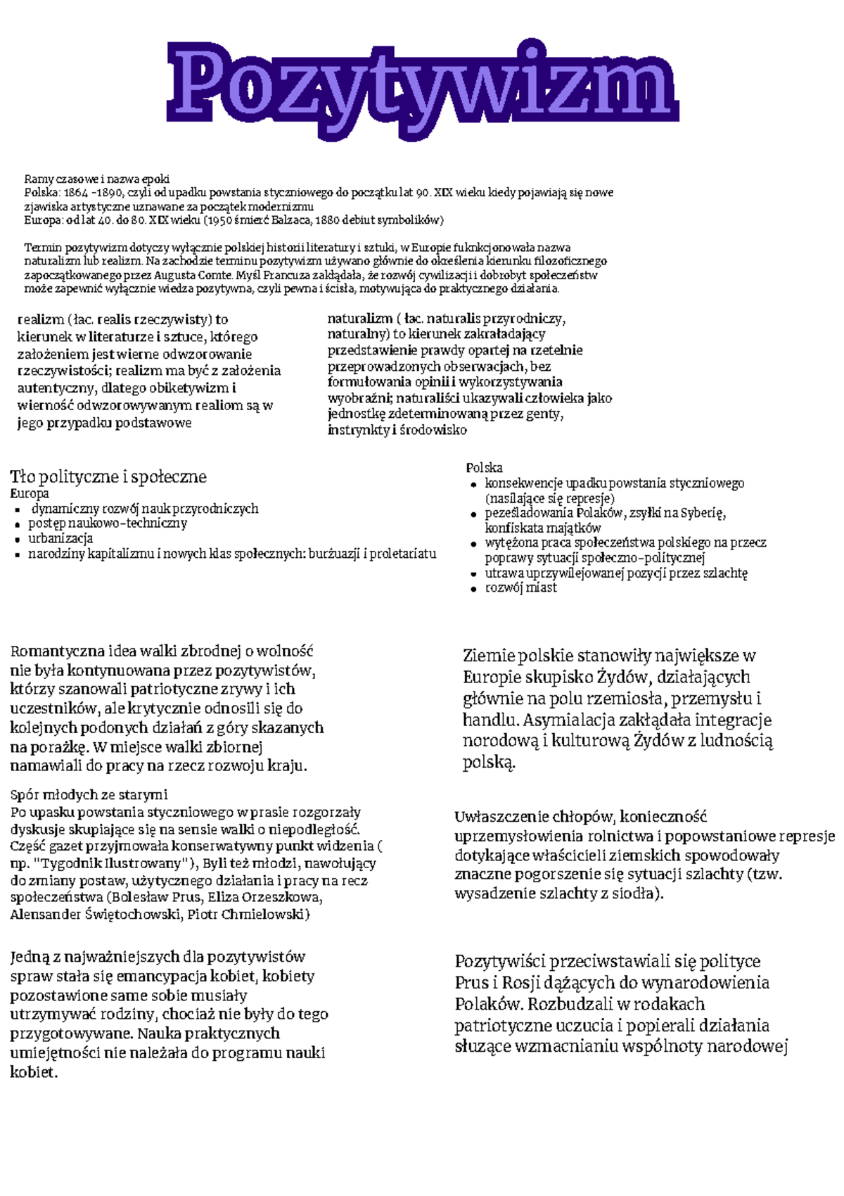 Pozytywizm - notatka - PozytywizmPozytywizm ####### Ramy czasowe i