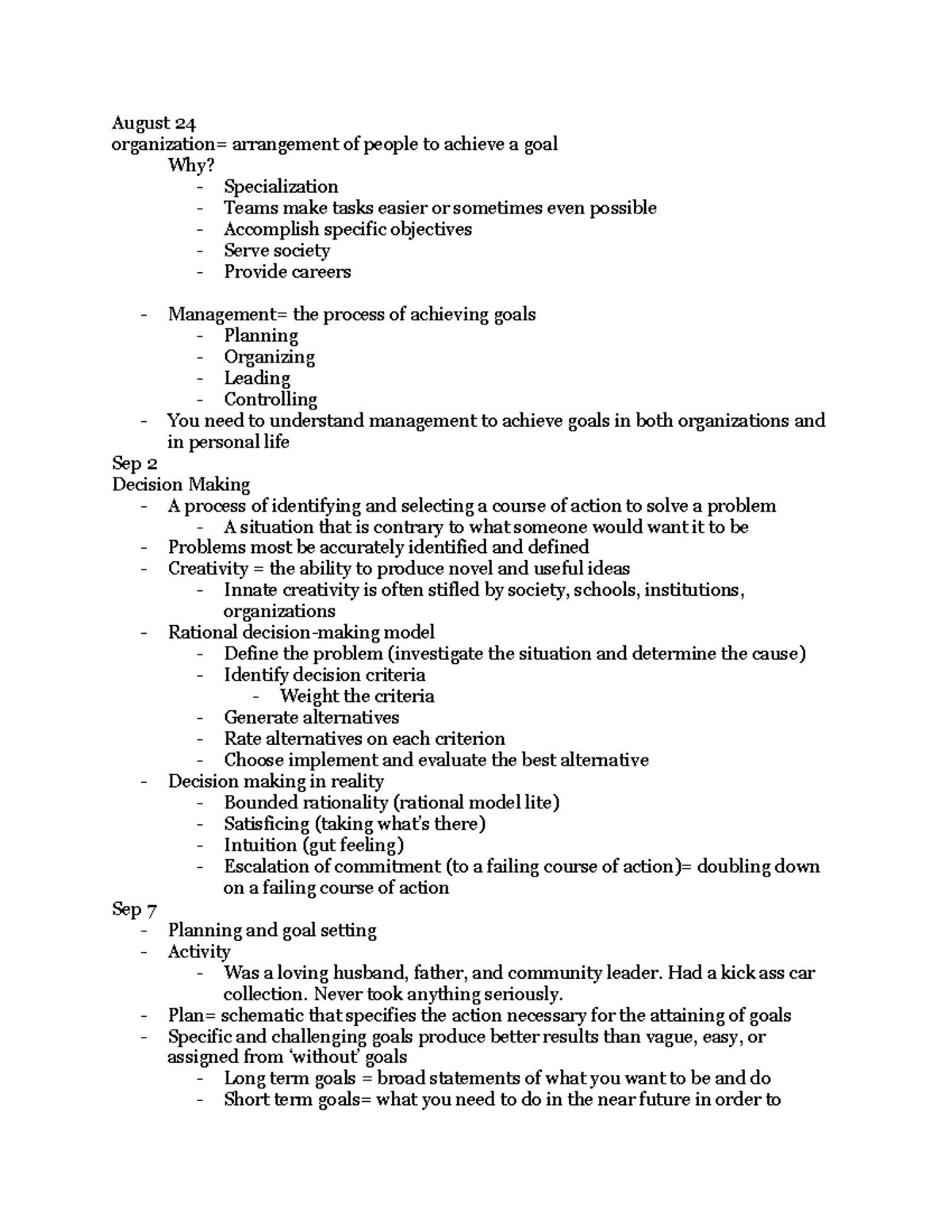 Bcor 370 Lecture notes - August 24 organization= arrangement of people ...