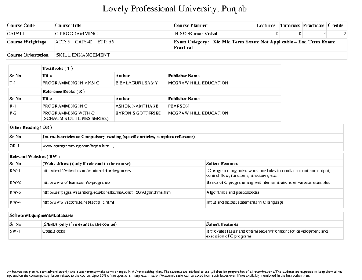 CAP 811 syllabus c programming - Lovely Professional University, Punjab ...