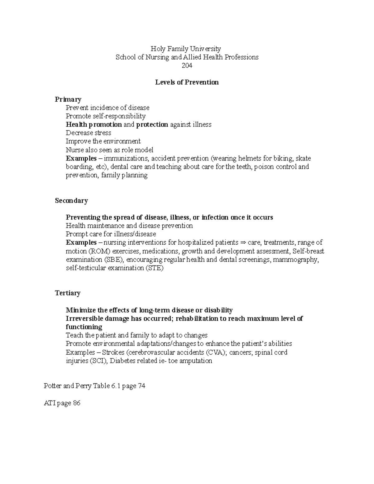 N204 Levels of Prevention Holy Family University School of Nursing