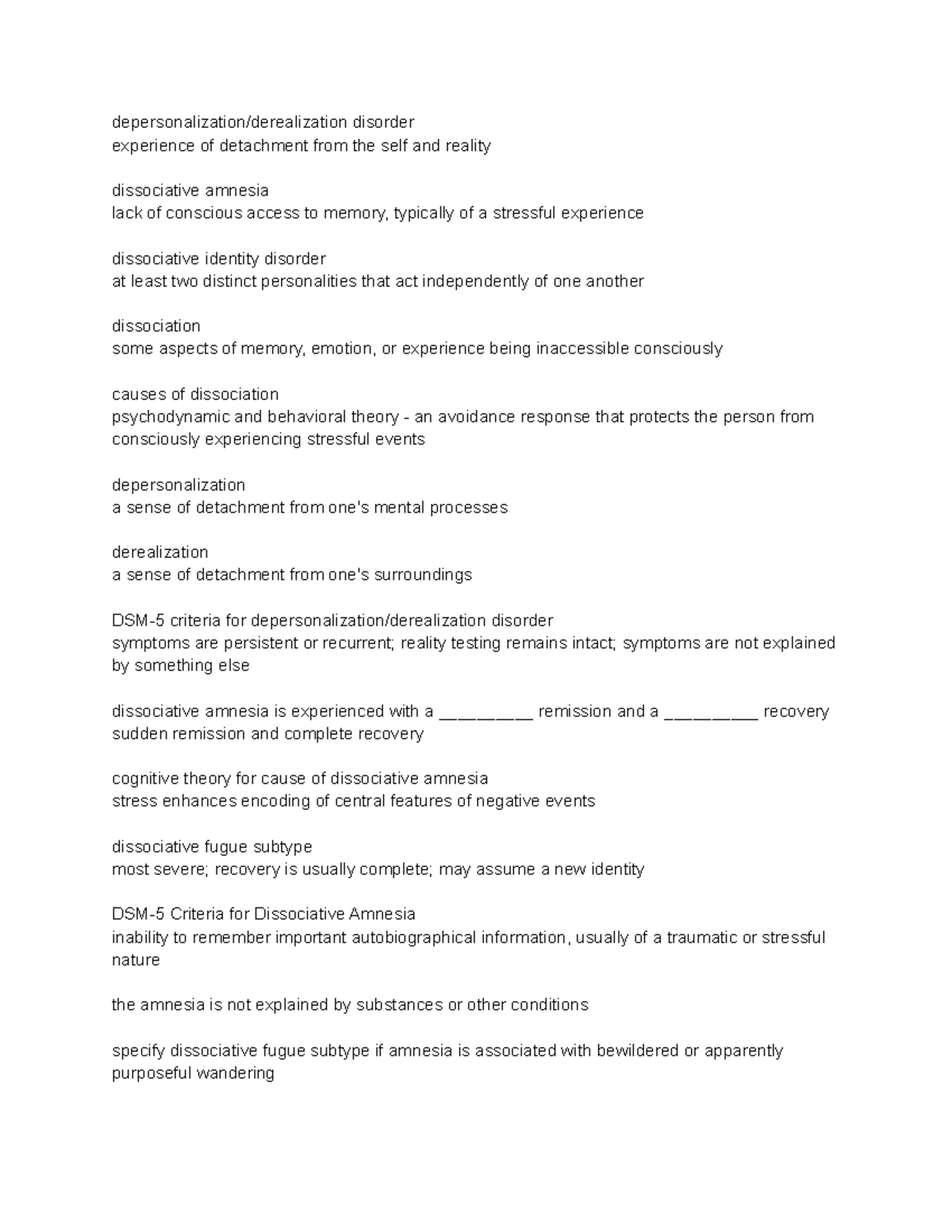 405 study guide 27 - Professor: Jeff Henriques - depersonalization ...
