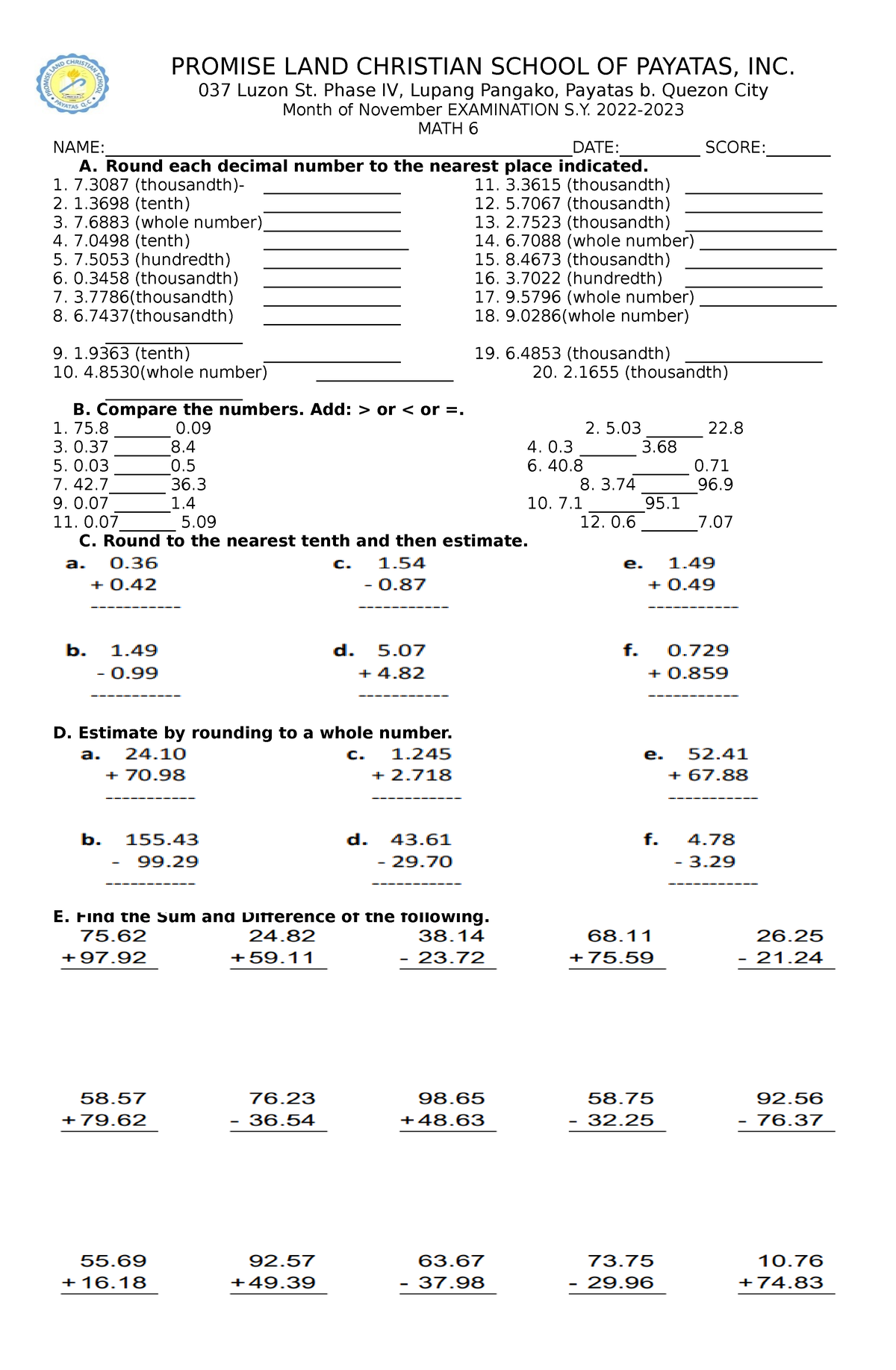 2nd Grading Examination - 037 Luzon St. Phase IV, Lupang Pangako ...