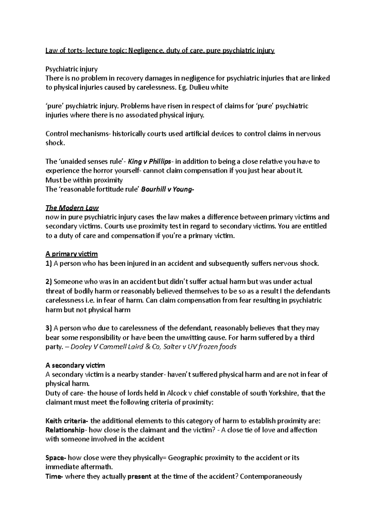 Law Of Torts- Psychiatric Injury - Law Of Torts- Lecture Topic ...