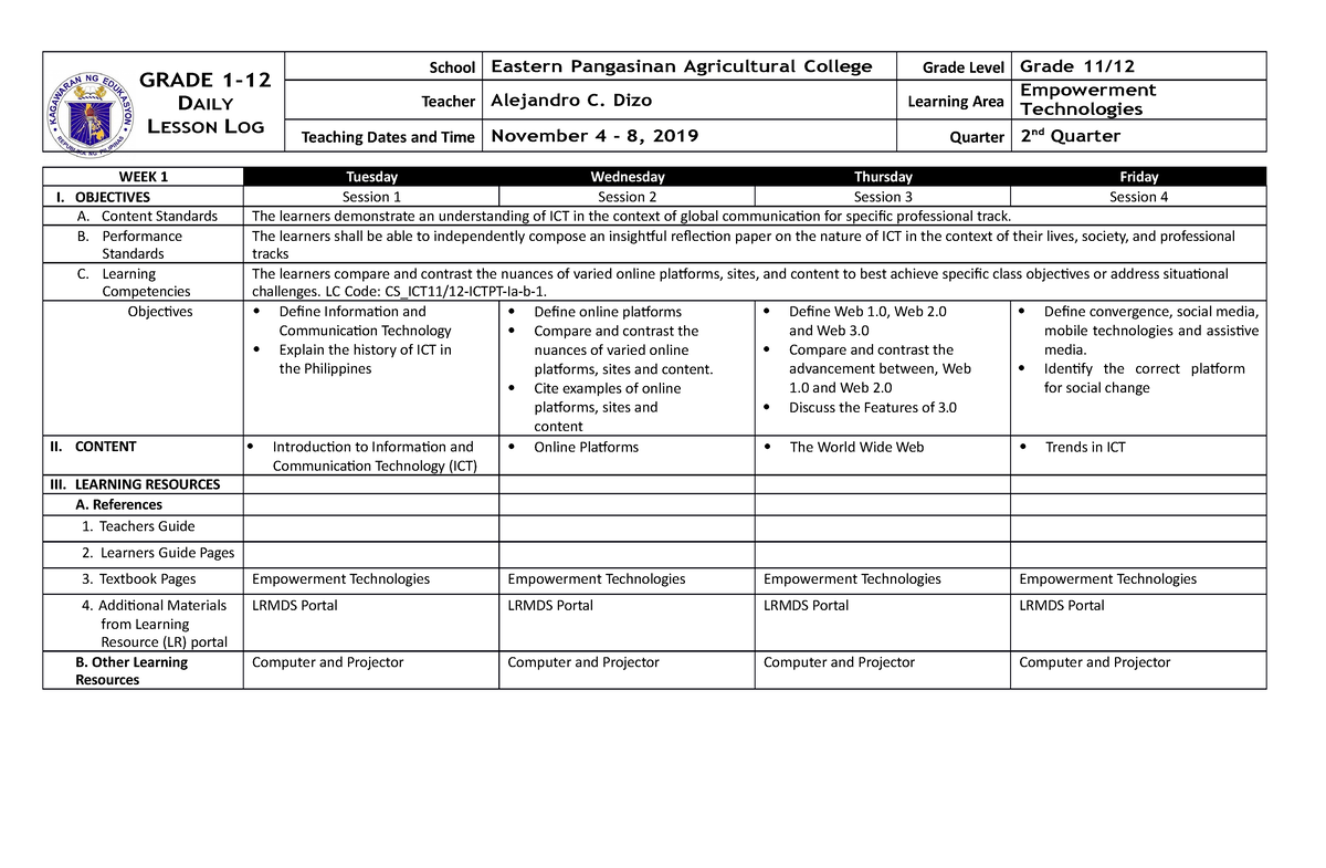 Dll Empowerment Technologies Week 1 - GRADE 1- DAILY LESSON LOG School ...